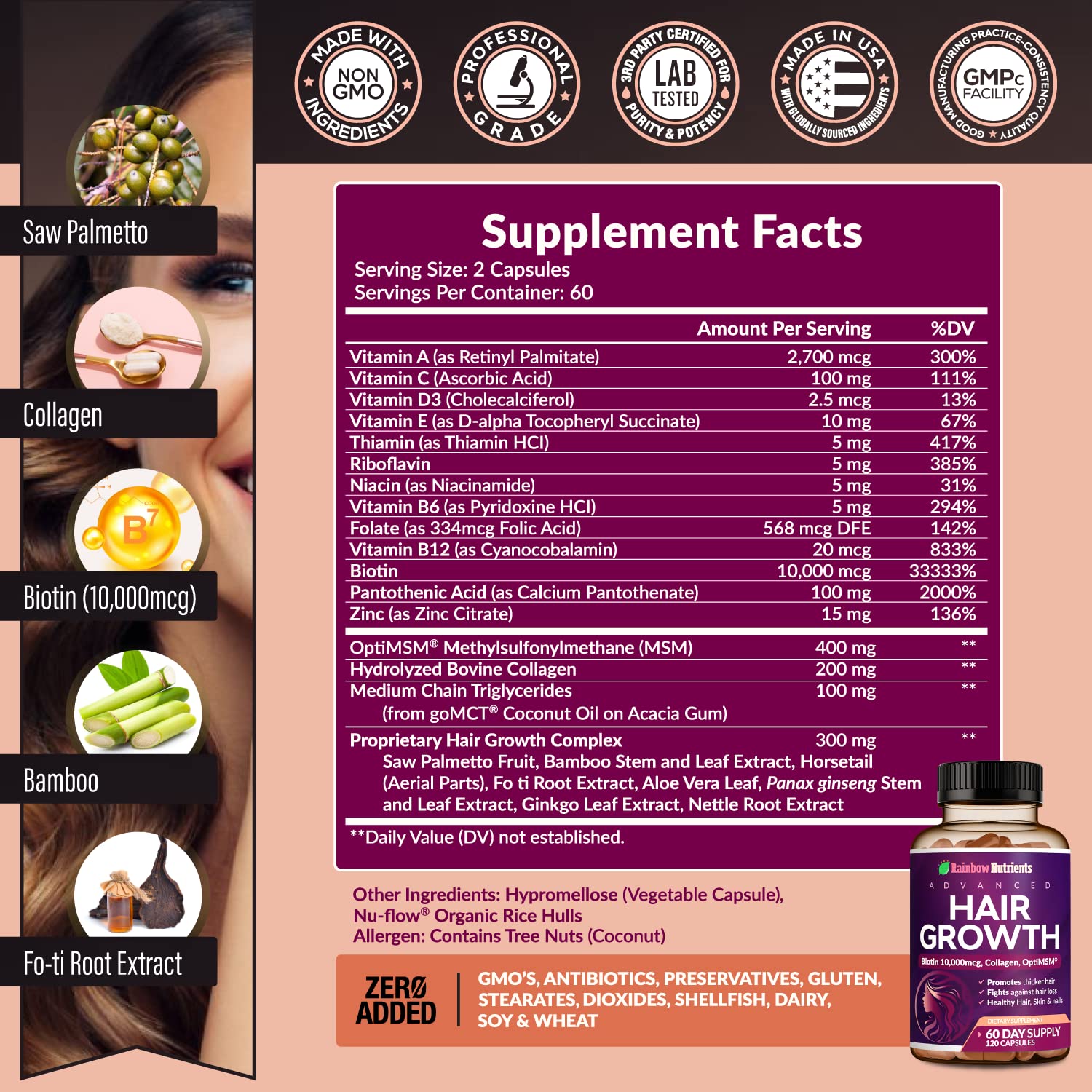 Rainbow Nutrients cápsulas en primer plano, textura clara y fácil de tragar