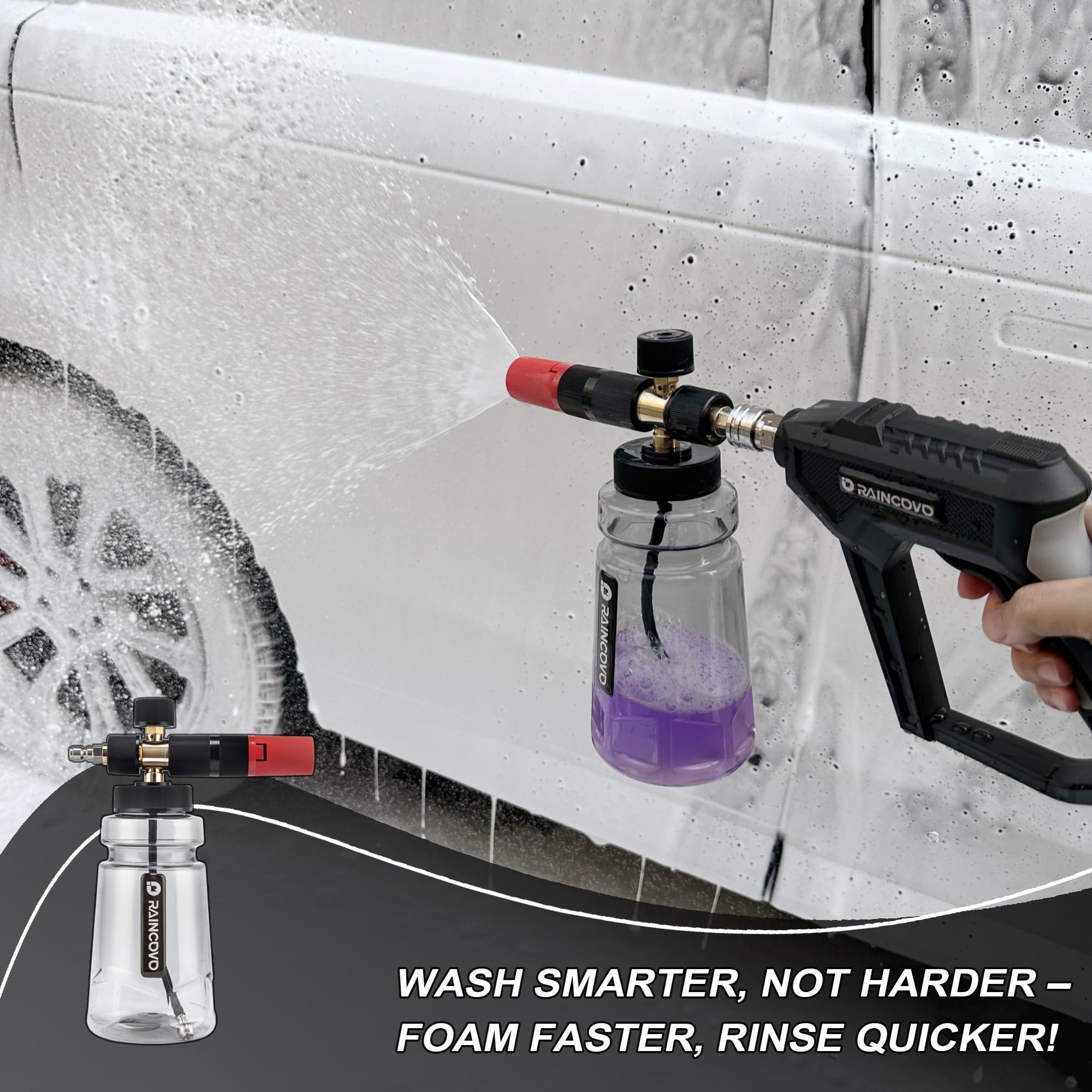 Raincovo angled nozzle reaching tight seams to clean edges effectively