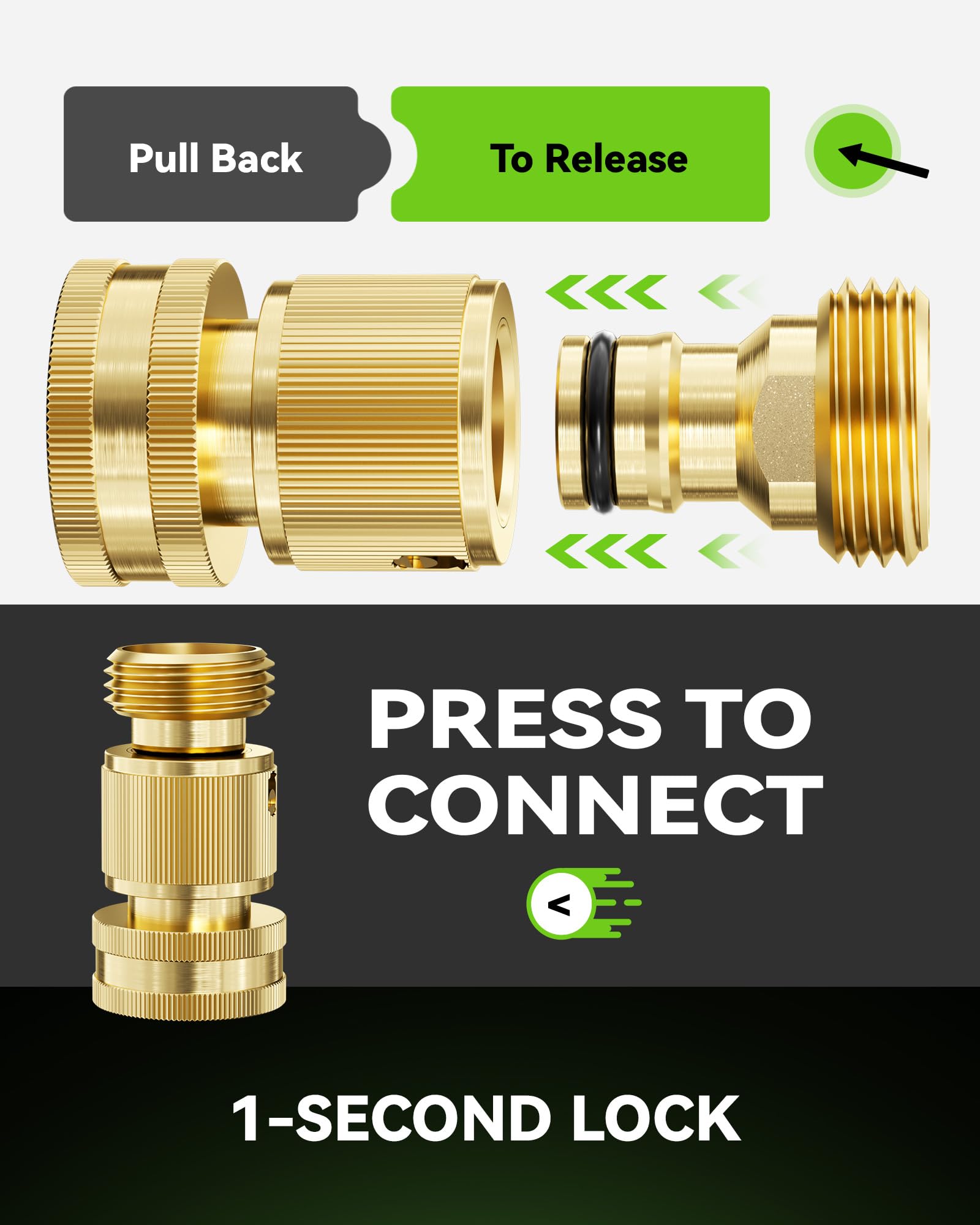 RAINPOINT conector junto a manguera mostrando escala y compatibilidad 3/4" GHT