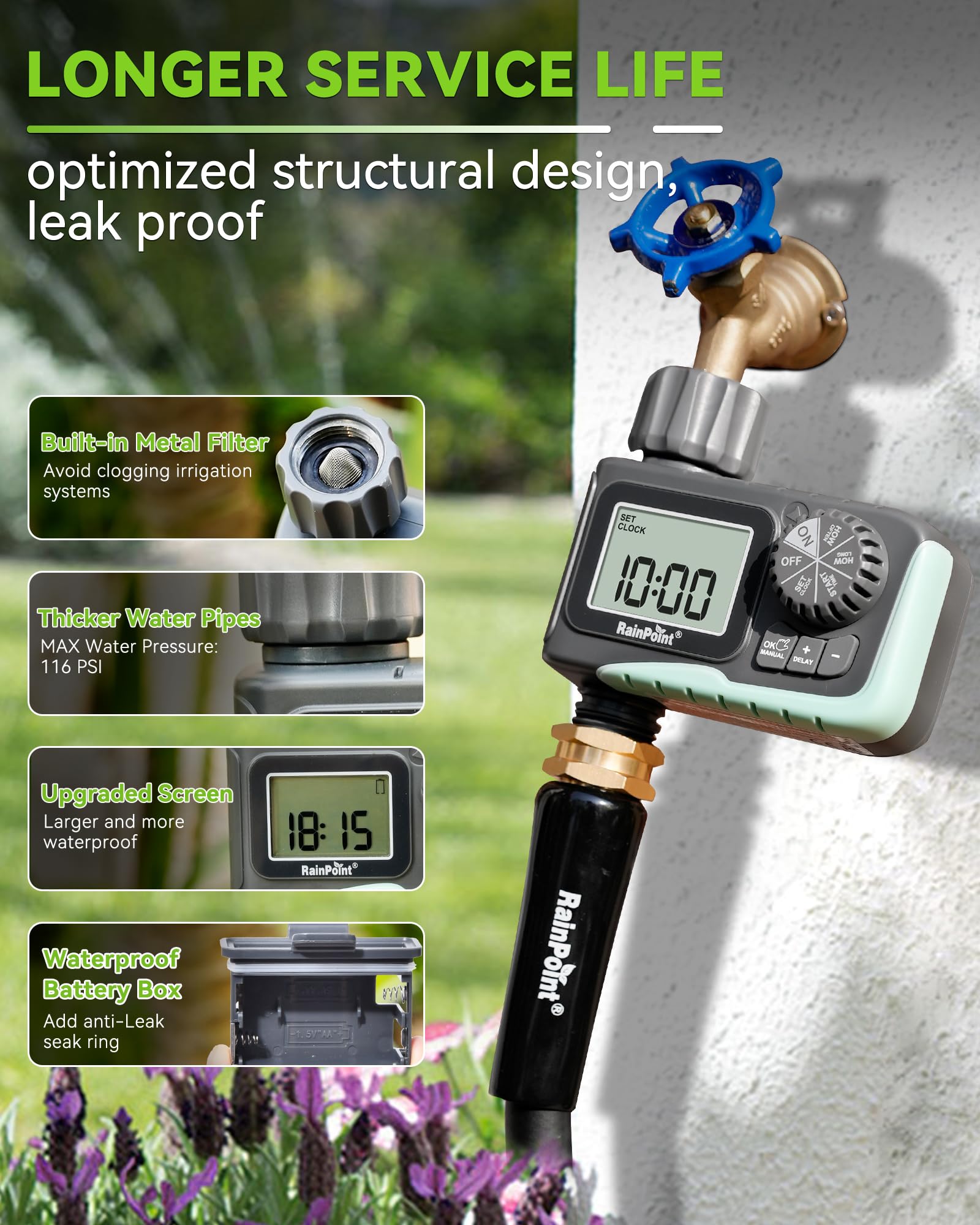 RAINPOINT installed on faucet illustrating hands-free automated watering