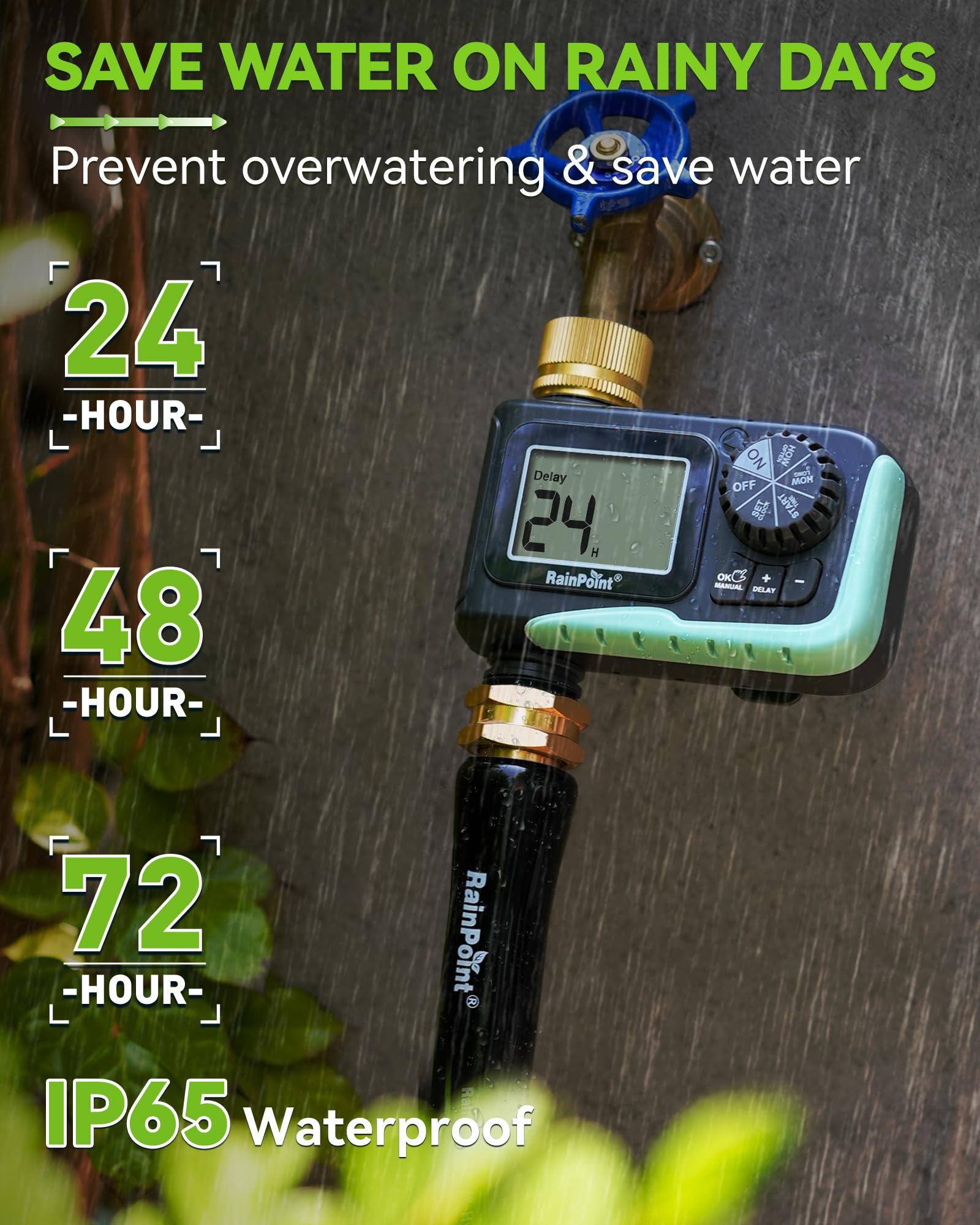 RAINPOINT timer attached to garden faucet demonstrating secure connection and hands-free watering