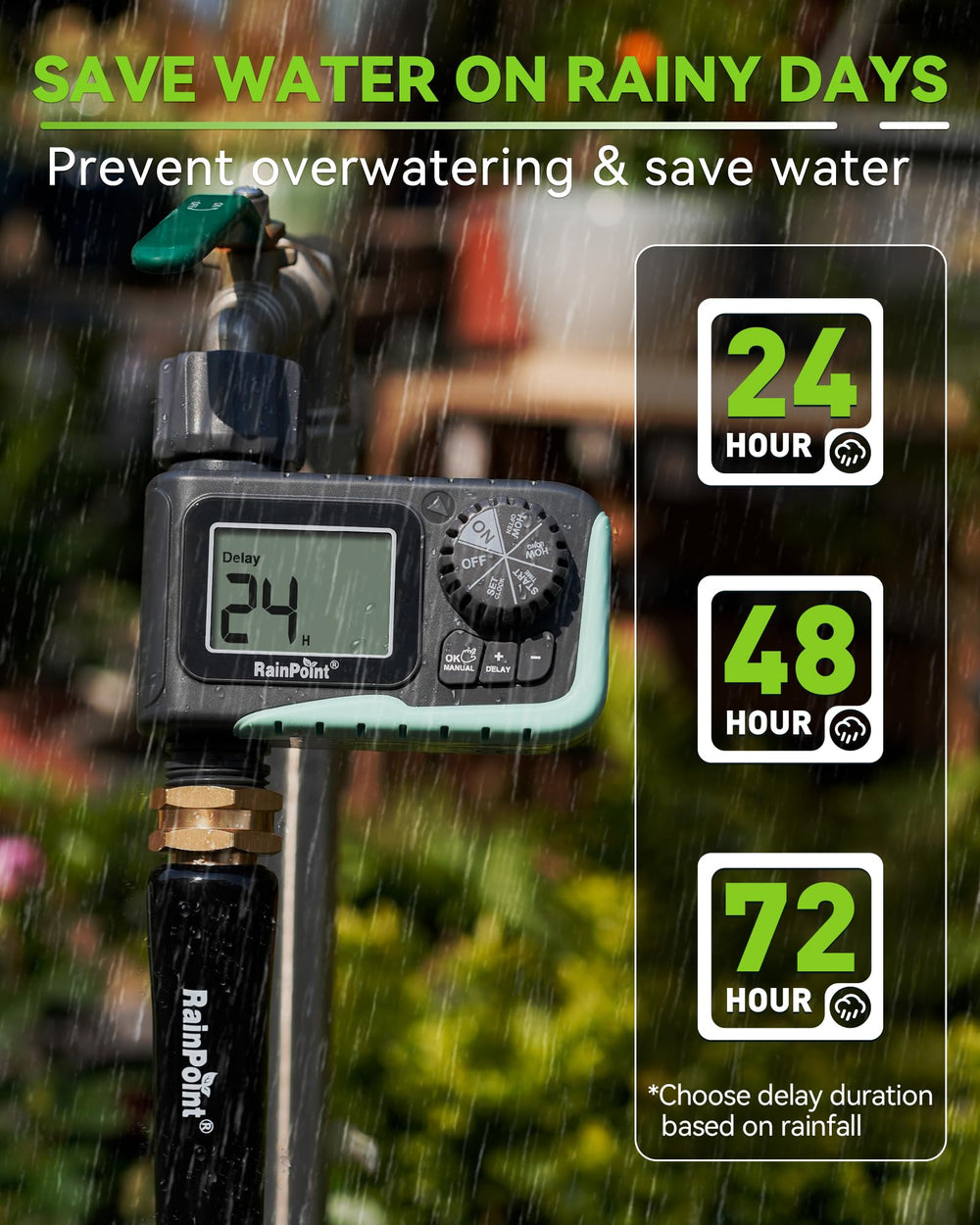 RAINPOINT large LCD display showing watering schedule and battery level