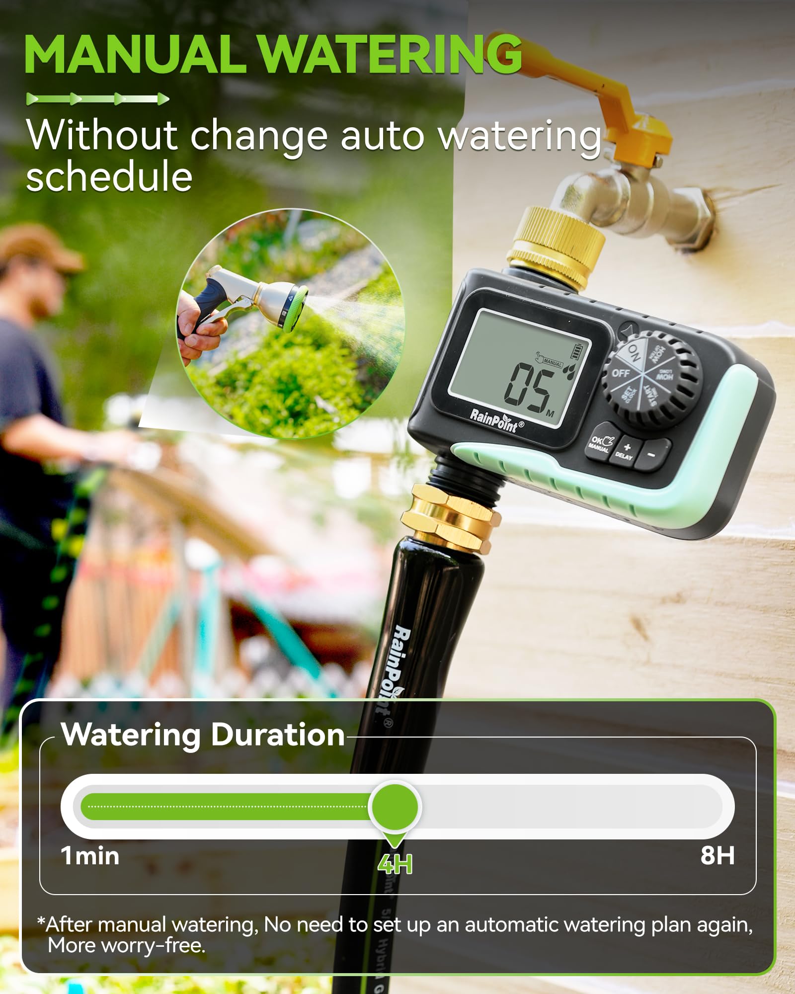 RAINPOINT large LCD display angled to show scheduling info and easy readability outdoors
