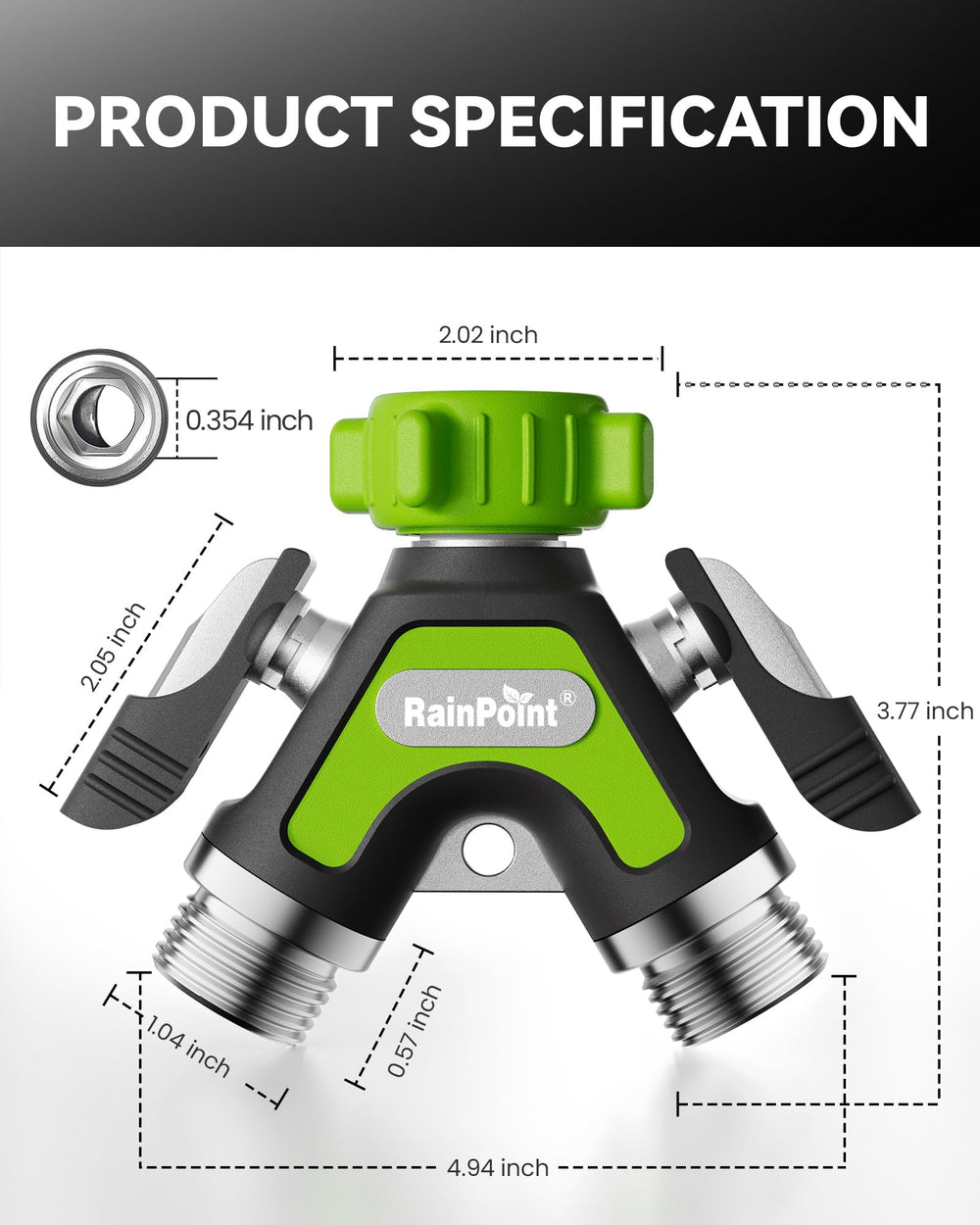 RAINPOINT product packaging and label showing standard 3/4" GHT fit and specs