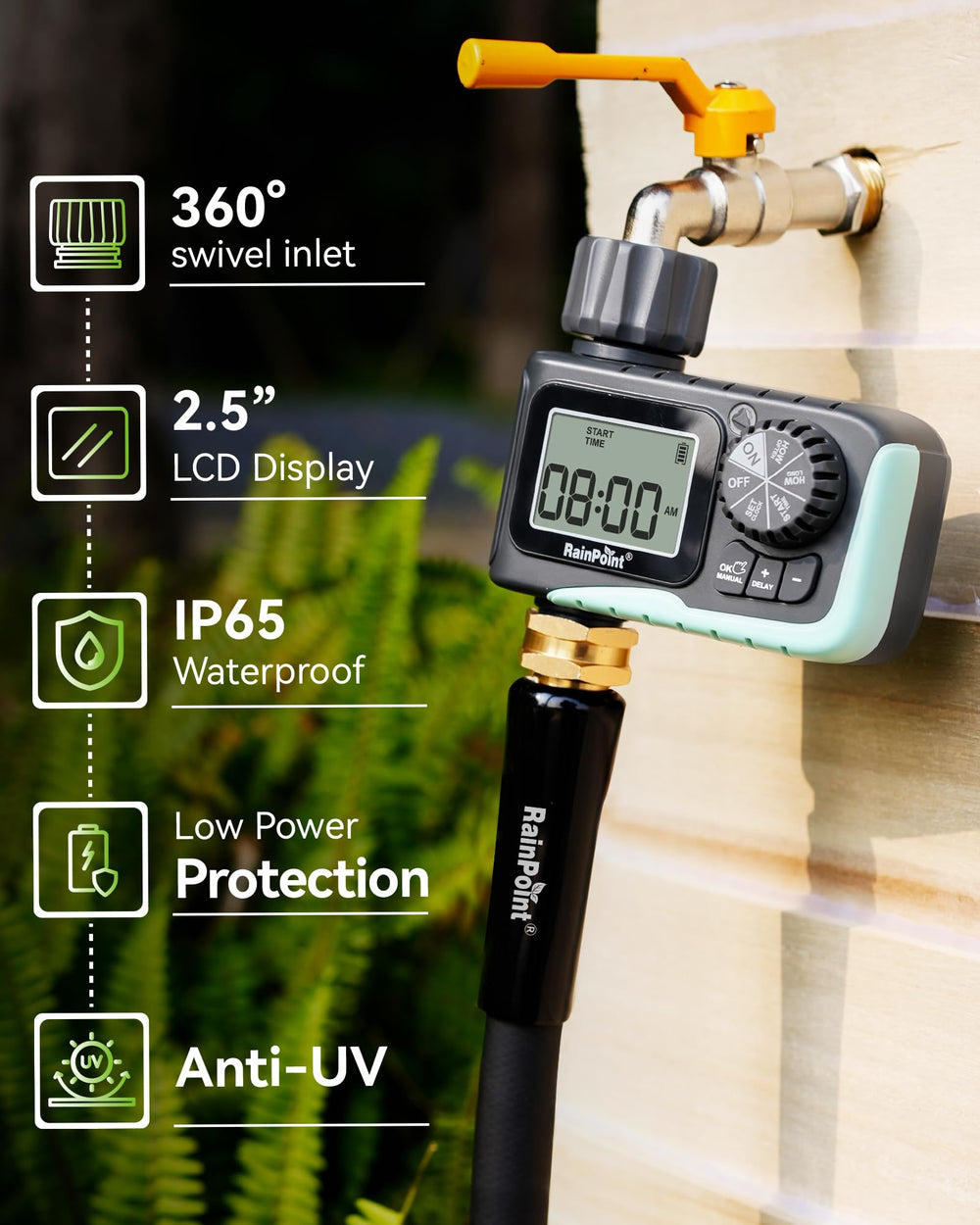 RAINPOINT beside AA batteries for scale and clear battery-powered operation