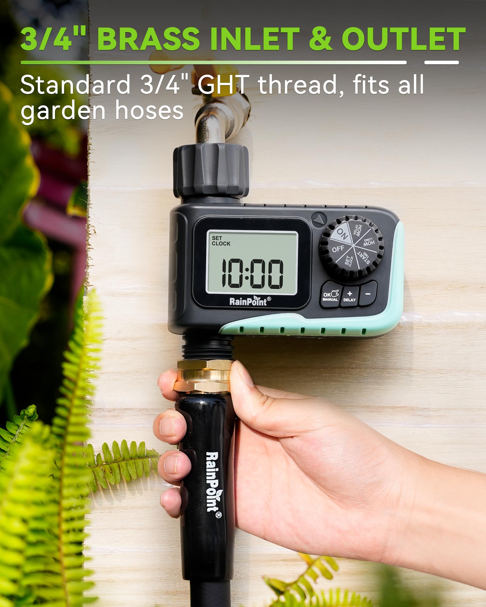 RAINPOINT with soaker hose in garden showing consistent plant hydration