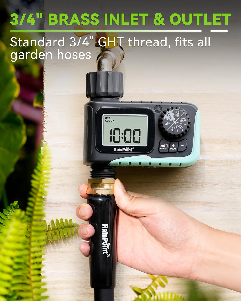 RAINPOINT with soaker hose in garden showing consistent plant hydration