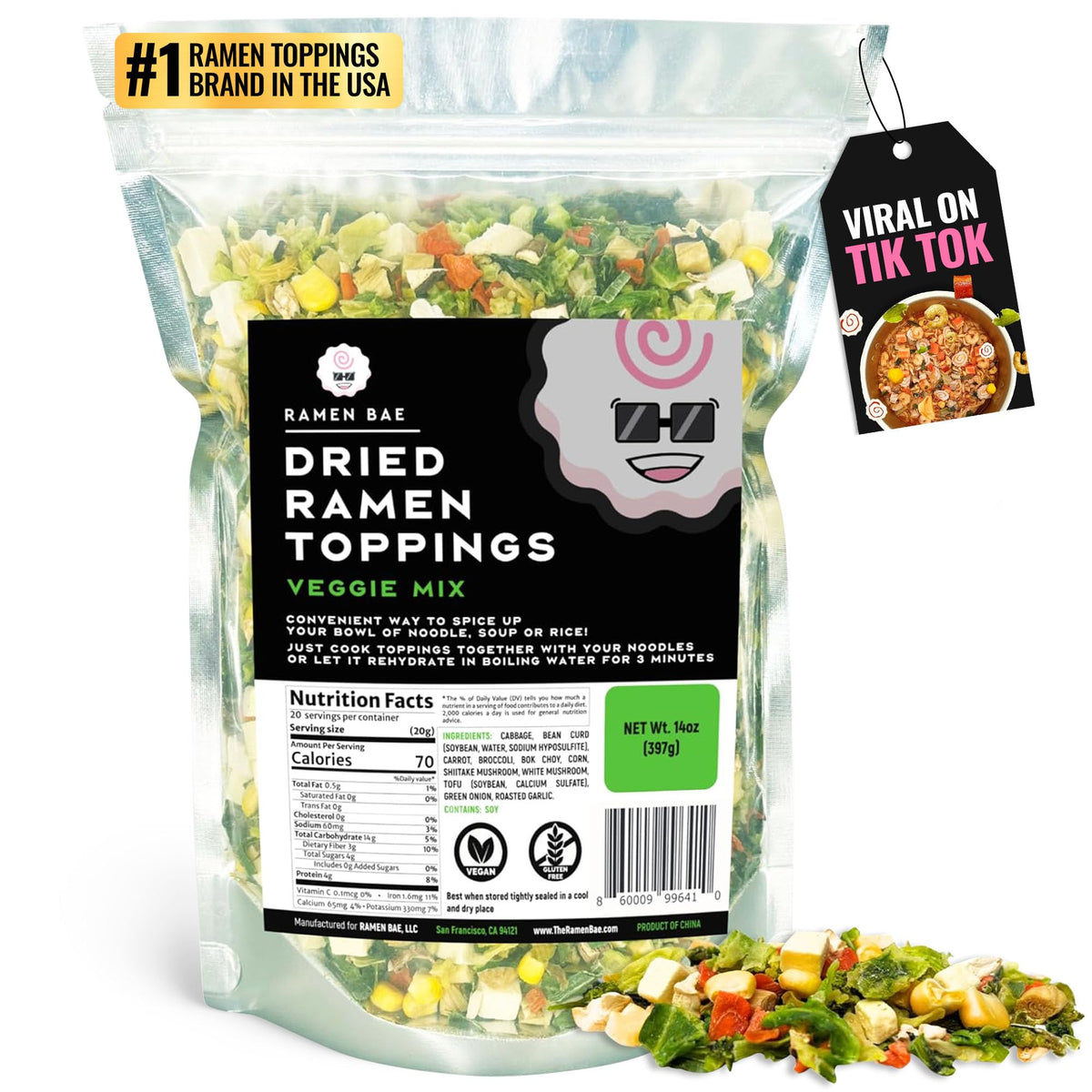 Ramen Bae frente del paquete mostrando mezcla de vegetales listos para usar