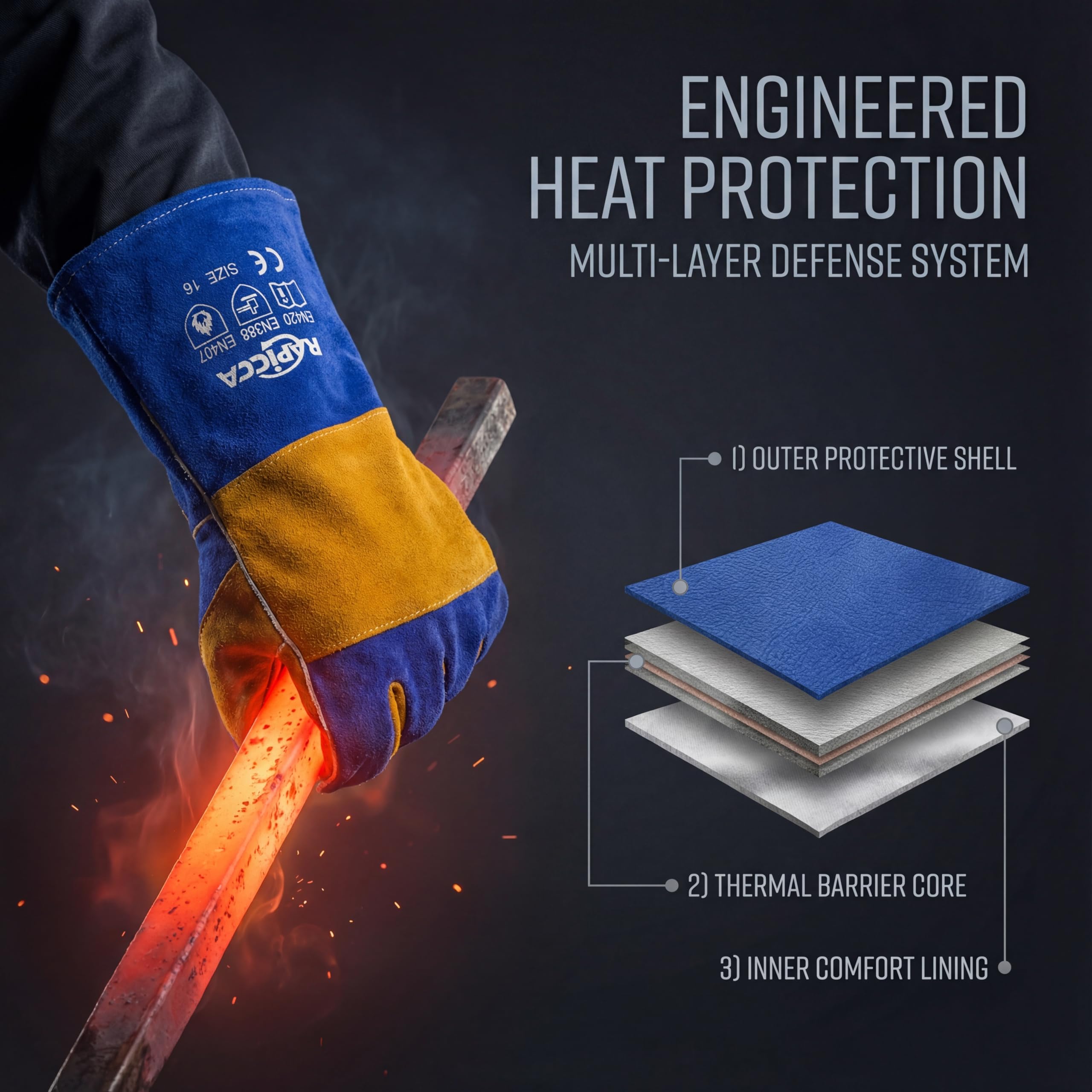 RAPICCA guantes en uso por soldador ofreciendo protección ante chispas