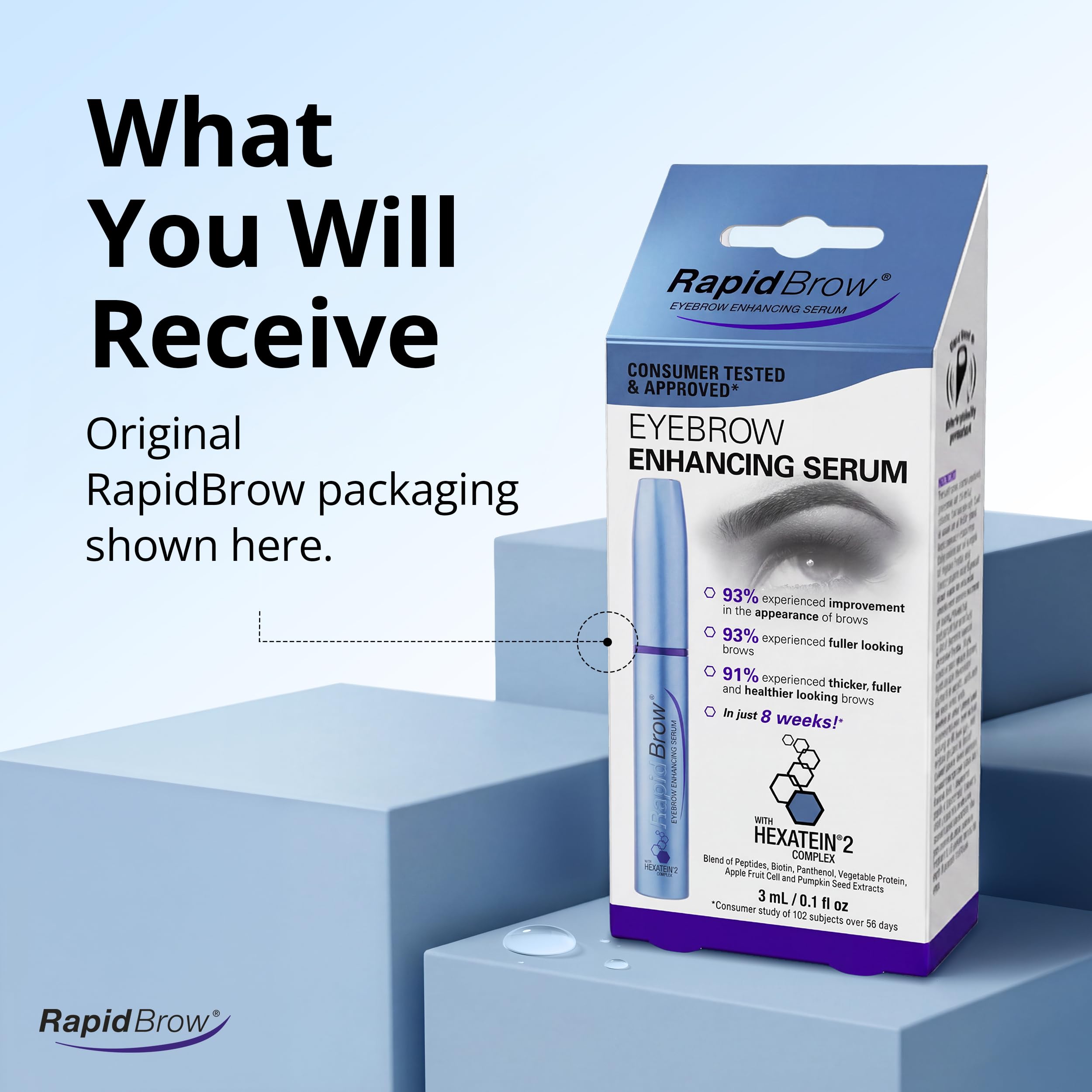 RapidBrow empaque con etiqueta que destaca ingredientes y certificación cruelty-free