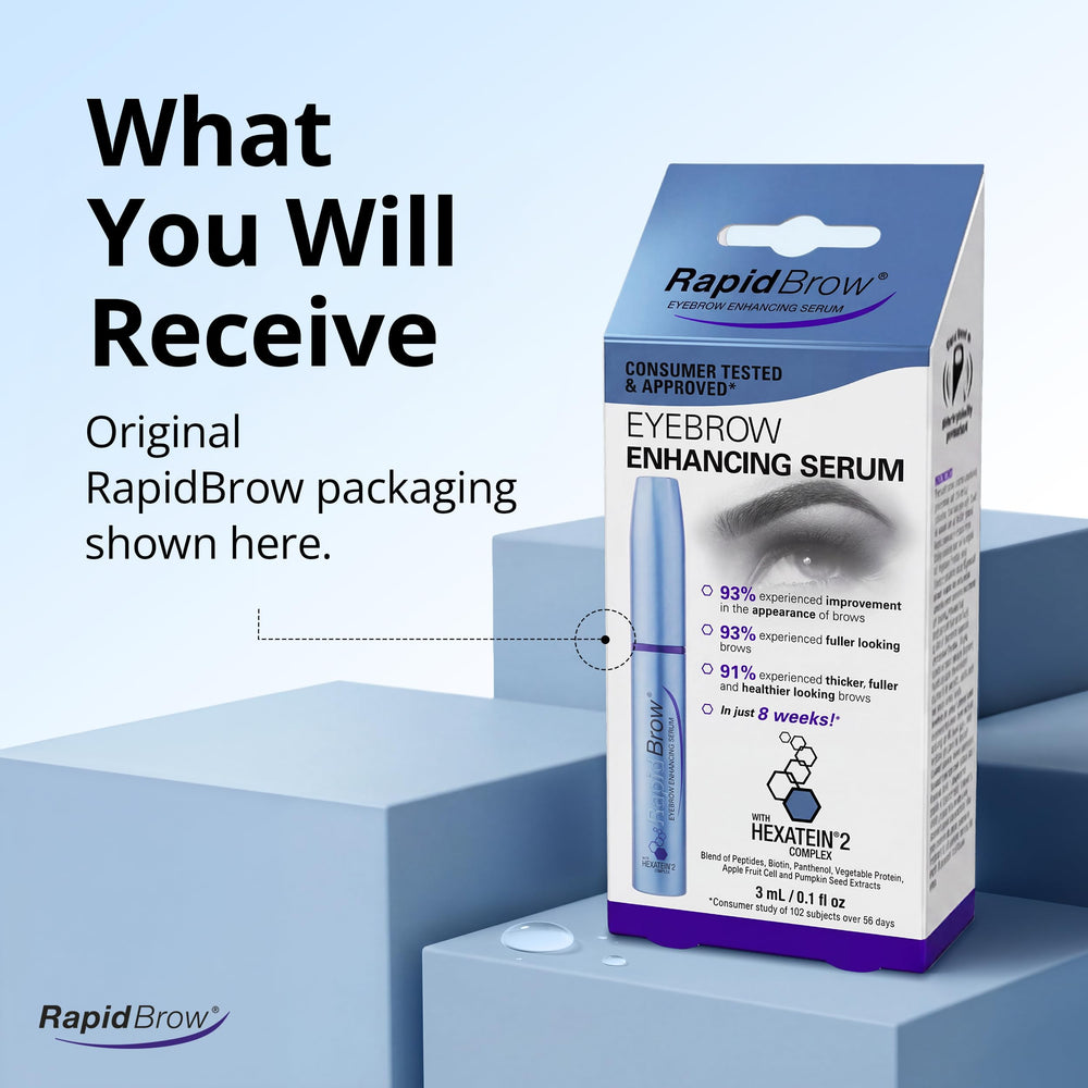 RapidBrow empaque con etiqueta que destaca ingredientes y certificación cruelty-free