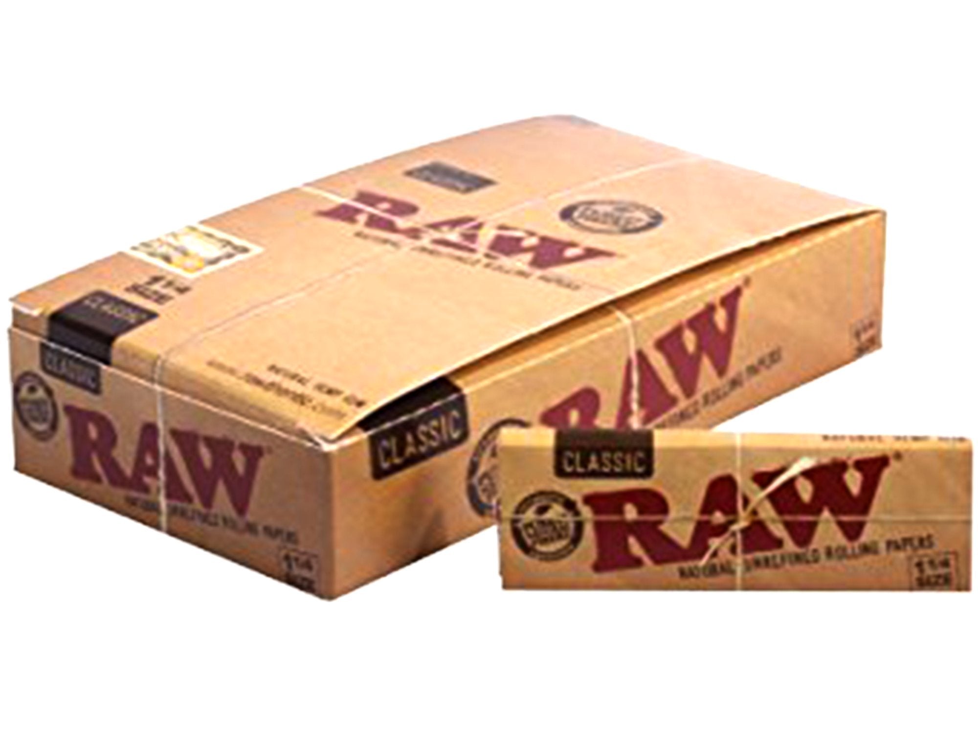 Raw Unrefined Classic frontal de la caja mostrando 24 paquetes y presentación práctica