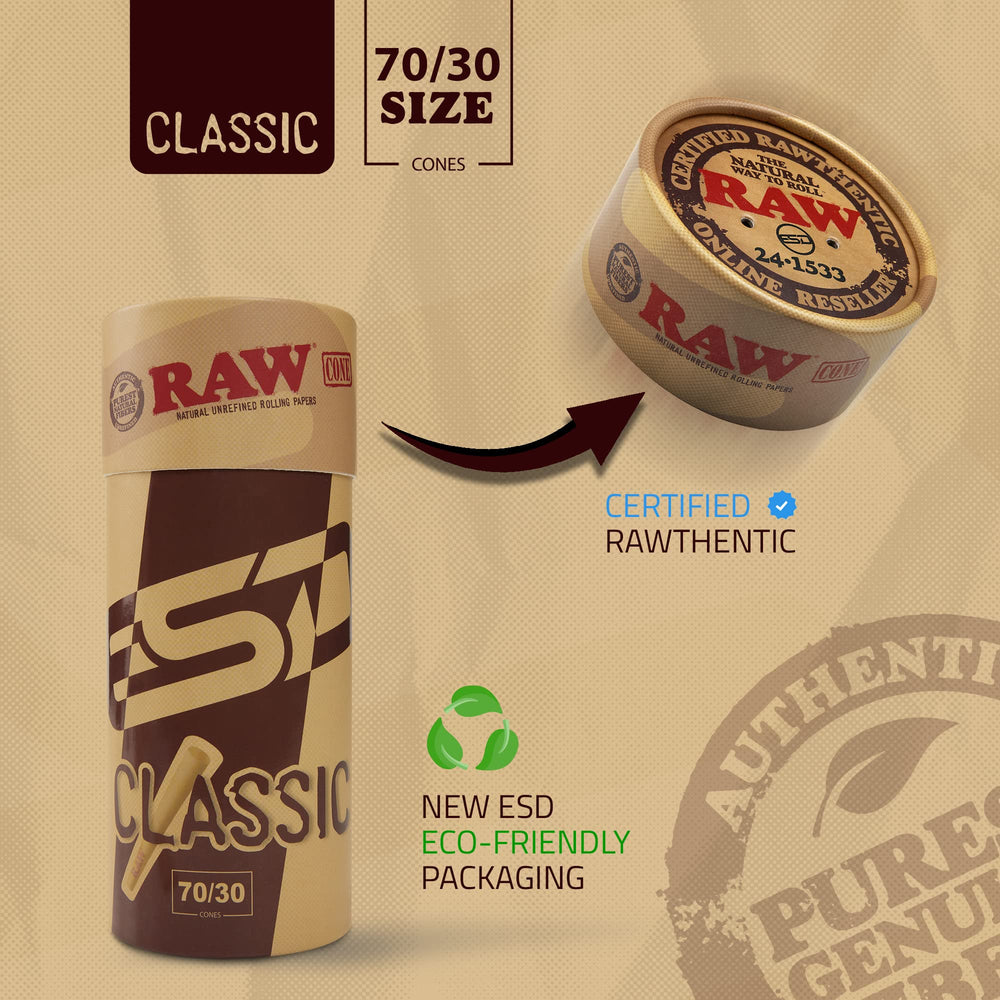 RAW comparación de tamaño con cono 1 1/4, formato compacto para sesiones cortas