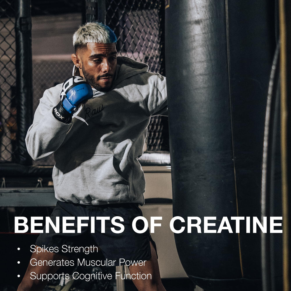 Etiqueta de RAW creatine con sello Informed Sport y fabricación USA