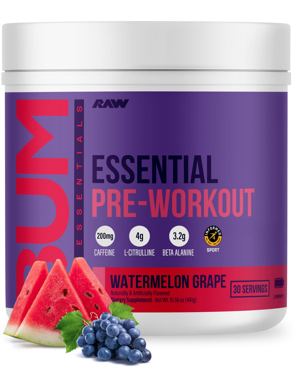 RAW frasco frontal mostrando la presentación y beneficios