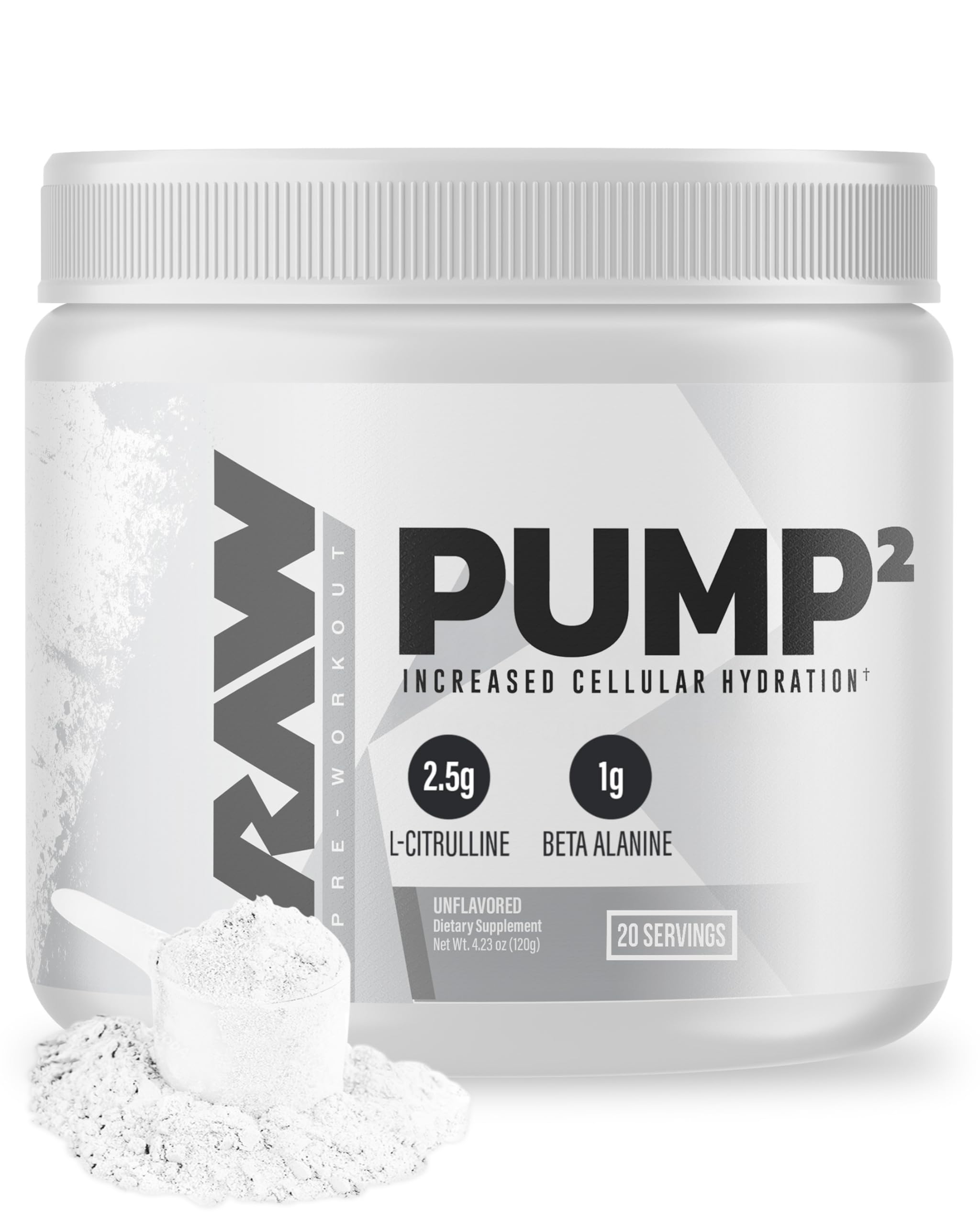 Envase RAW Pump2 al frente mostrando la presentación y 20 servicios, ideal para aumentar el bombeo