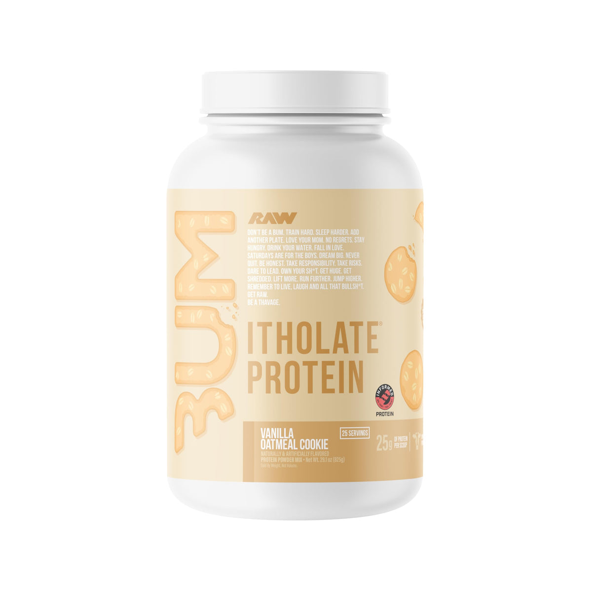 RAW envase frontal del aislado Vanilla Oatmeal Cookie mostrando marca y sabor