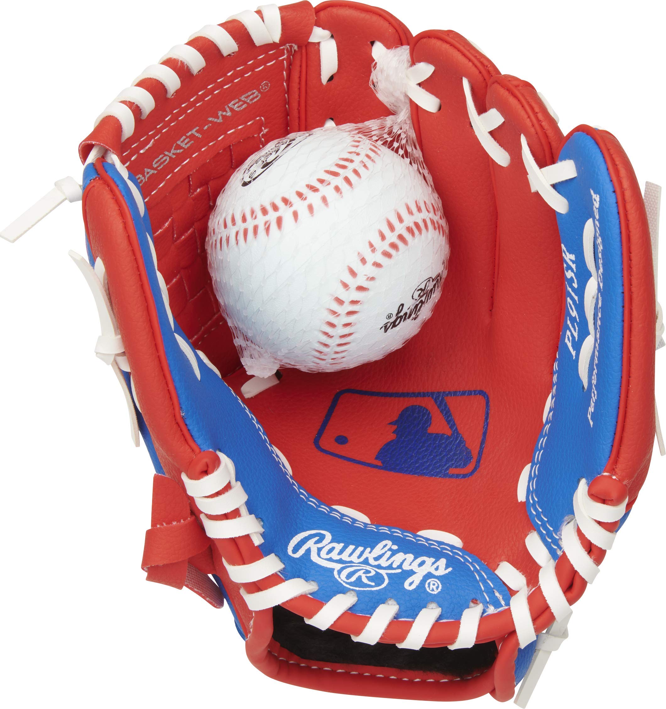 Rawlings guante frontal rojo y azul mostrando diseño y fácil manejo