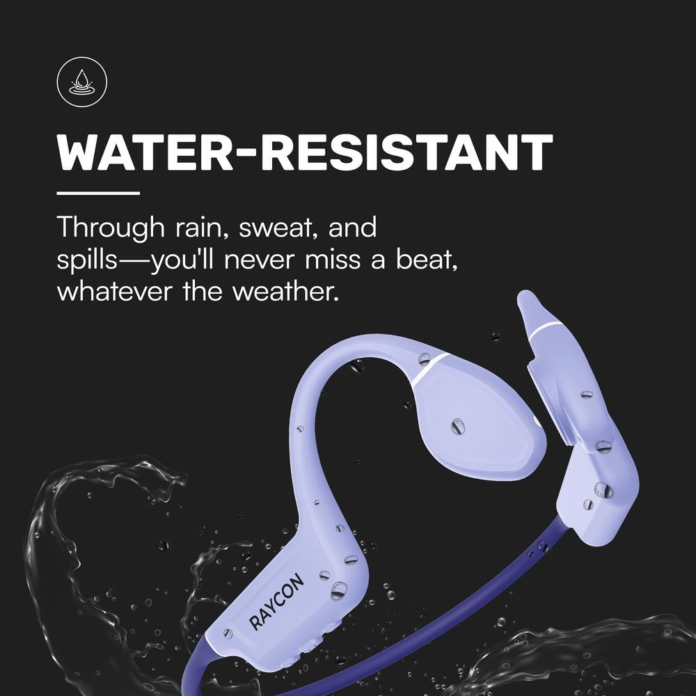 Raycon etiqueta IP68 y controles mostrando resistencia al agua y facilidad de conexión
