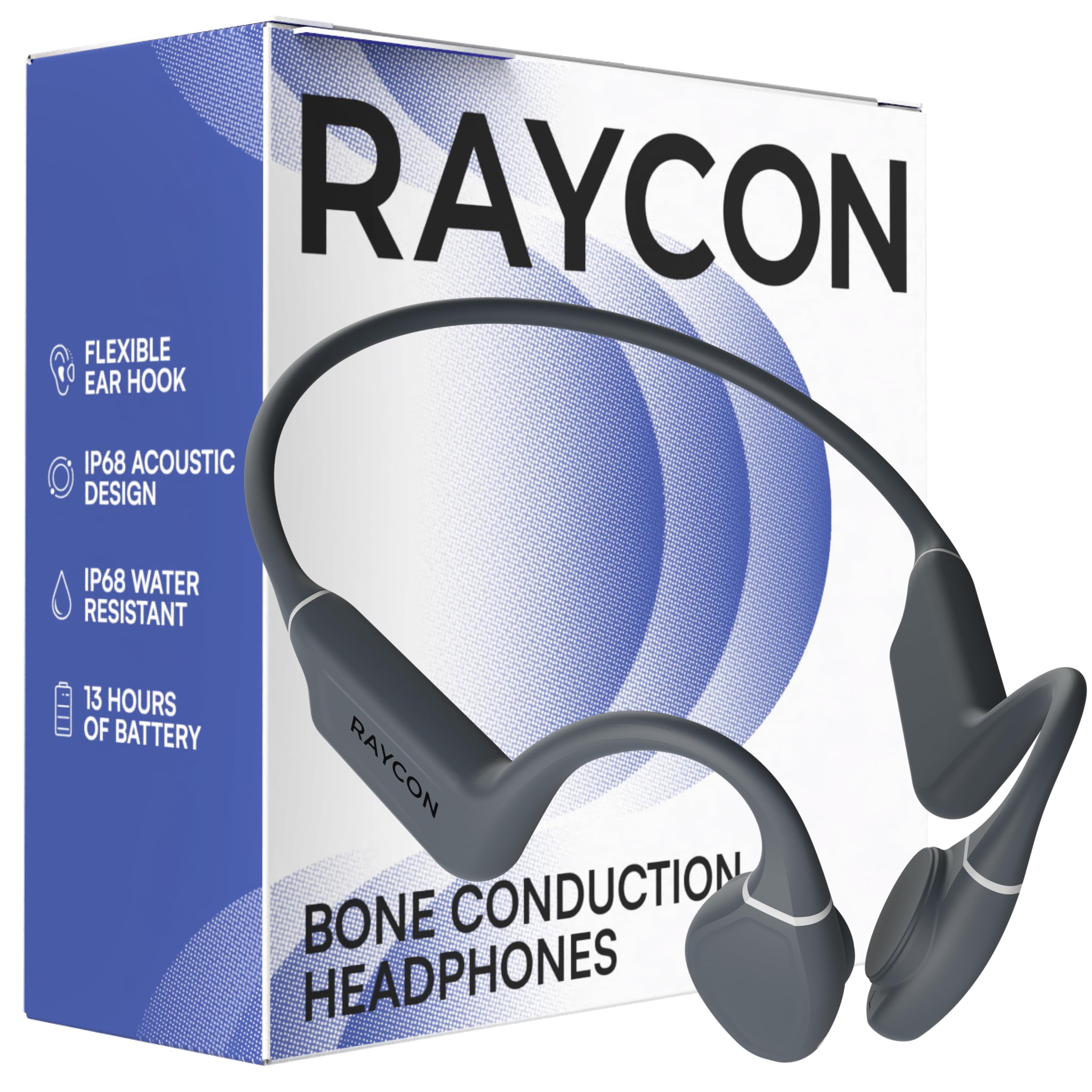 Raycon vista frontal del armazón gris mostrando ajuste ergonómico y comodidad