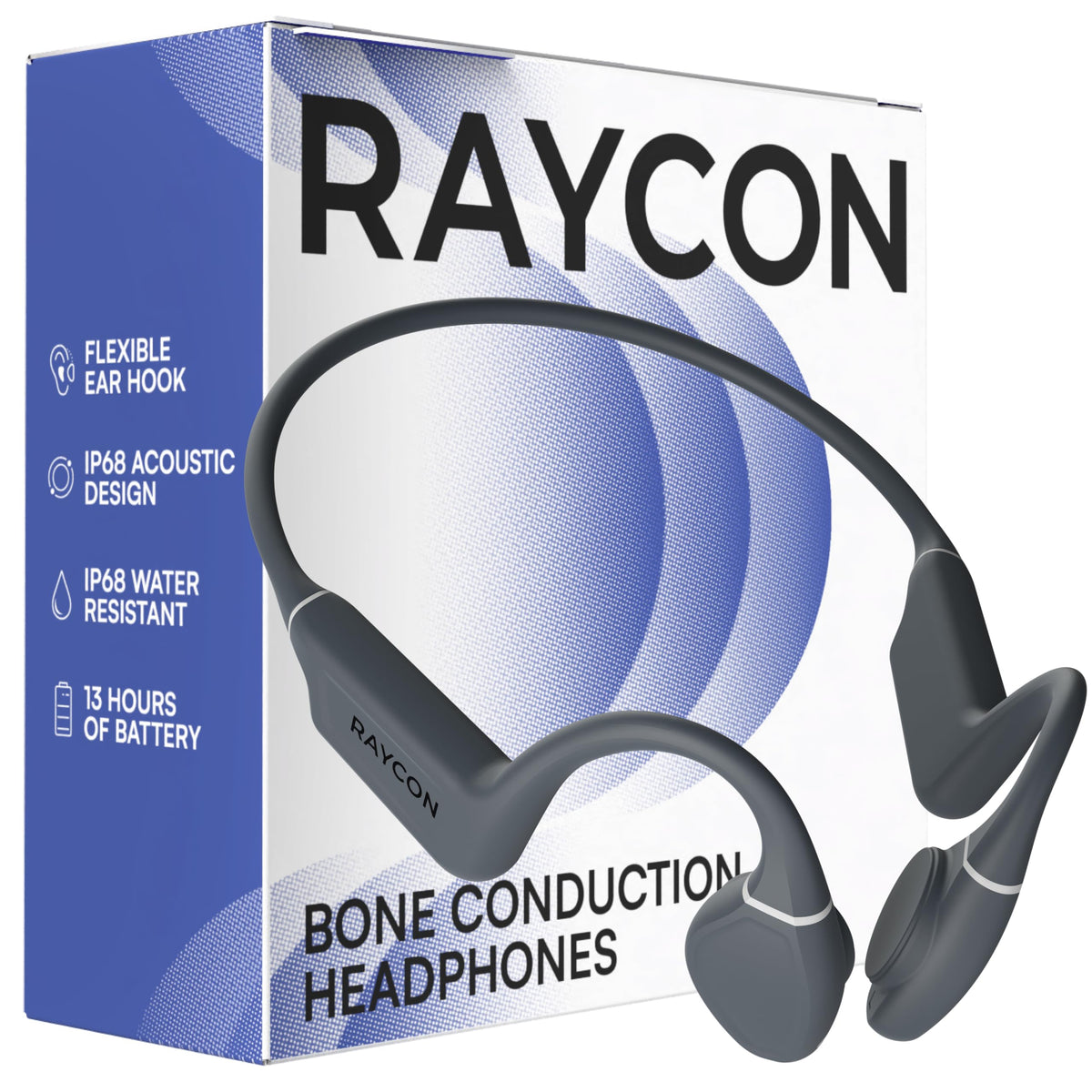 Raycon vista frontal del armazón gris mostrando ajuste ergonómico y comodidad