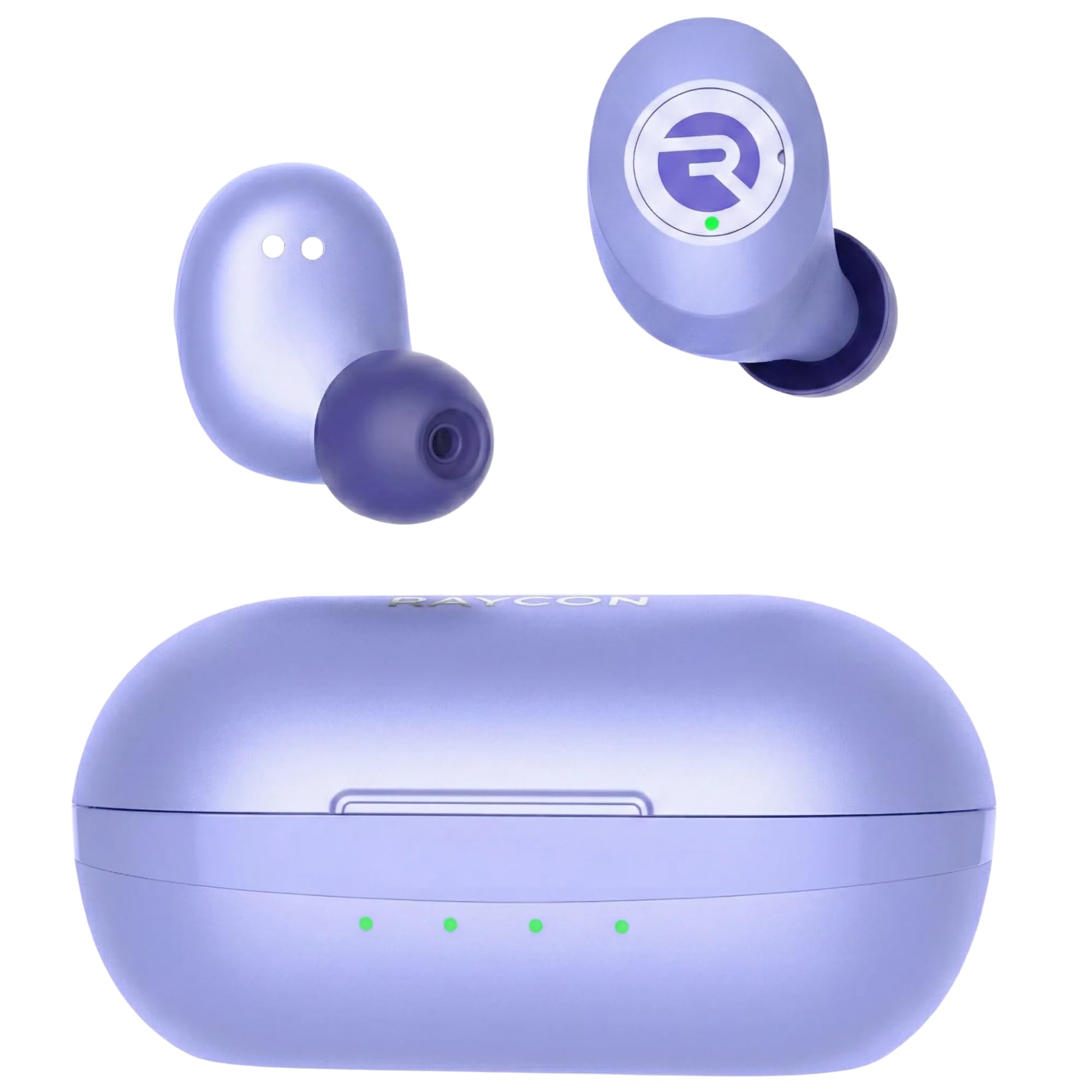 Raycon auriculares frontal en color púrpura mostrando diseño y puerto de carga