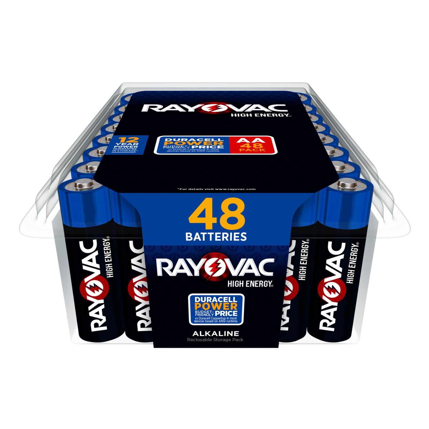 Rayovac empaque frontal mostrando 48 pilas AA y ahorro
