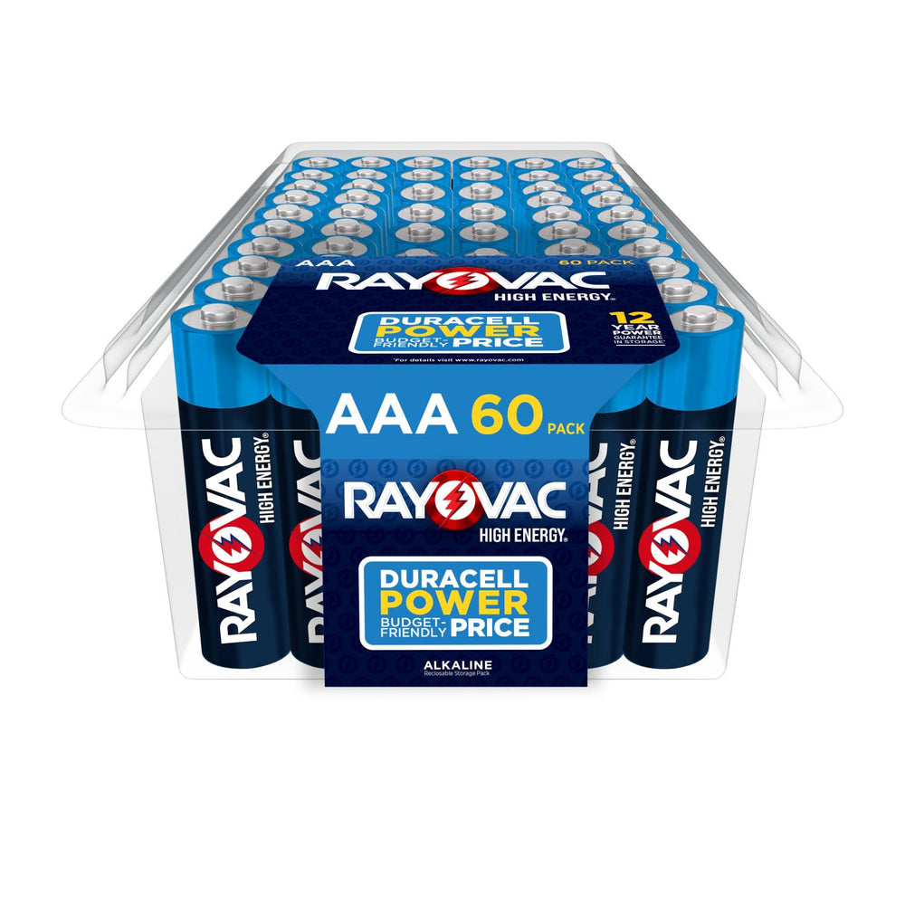 Rayovac paquete frontal 60 pilas AAA mostrando cantidad y marca, ahorro visible