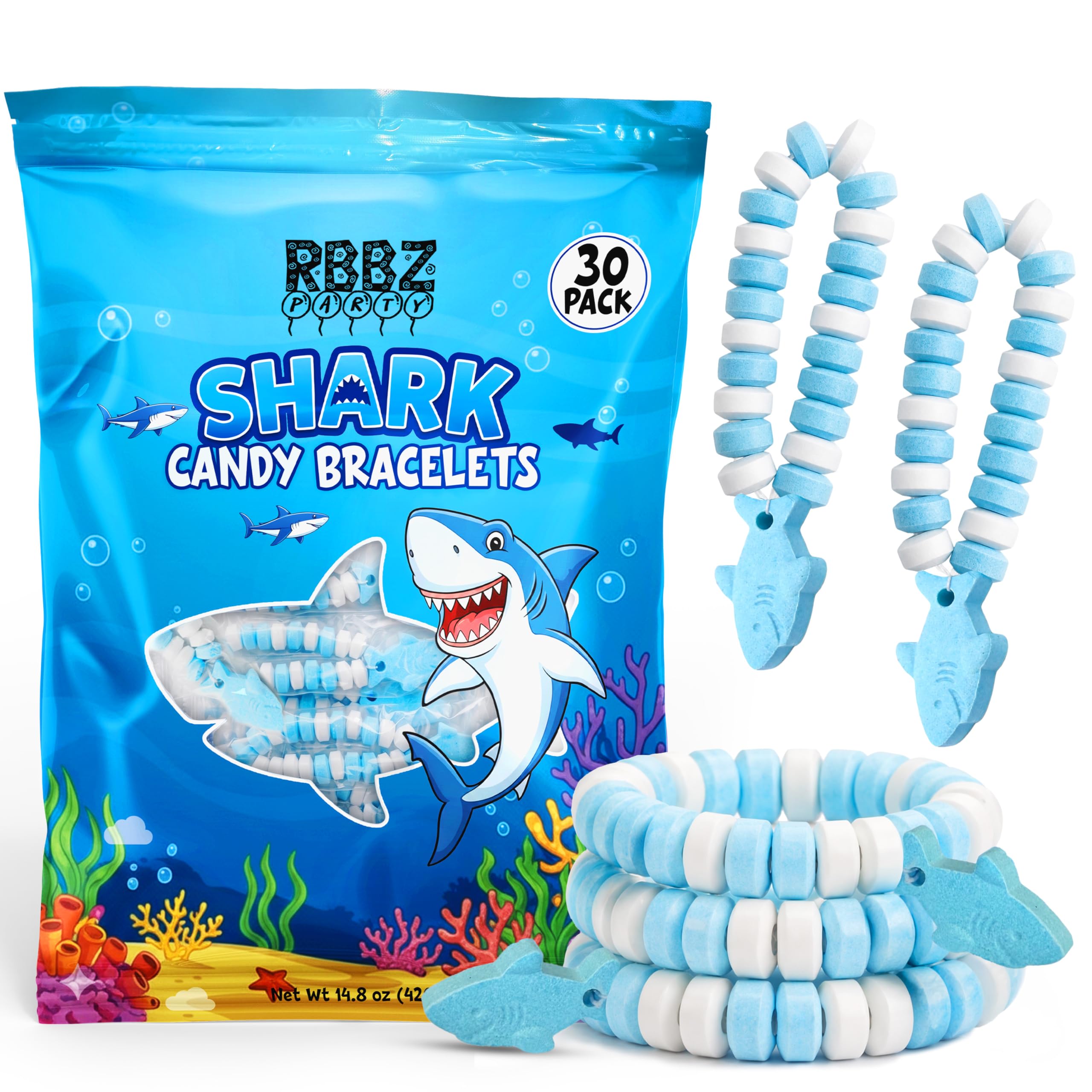 RBBZ Party empaque frontal con 30 pulseras de tiburón para fiestas