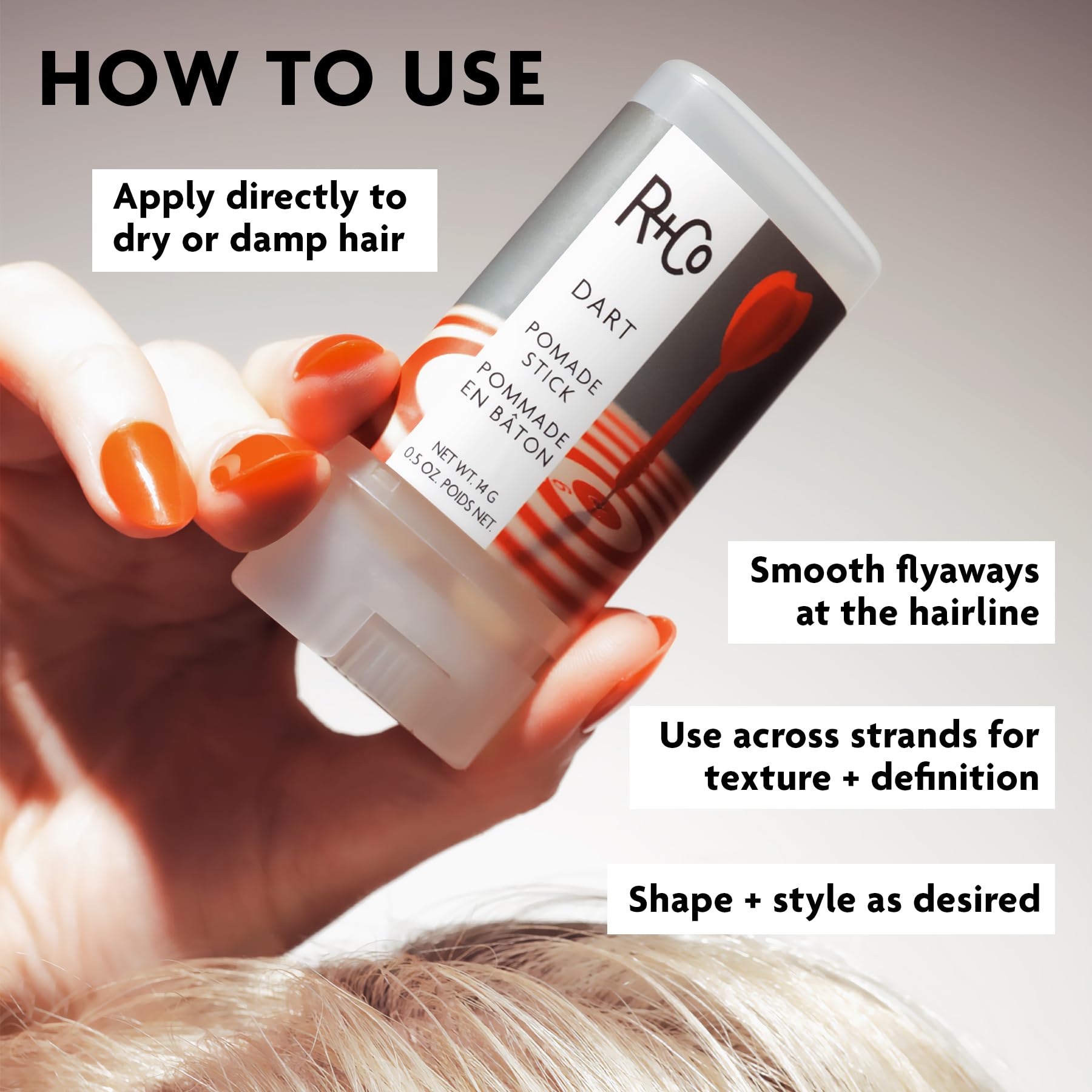 R+Co Dart etiqueta con ingredientes clave y beneficios nutritivos