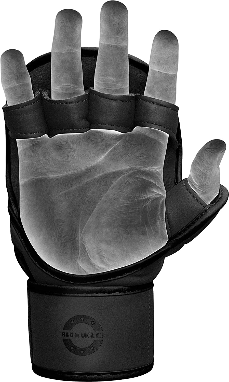 RDX guantes junto a una mano para comparar tamaño y ajuste