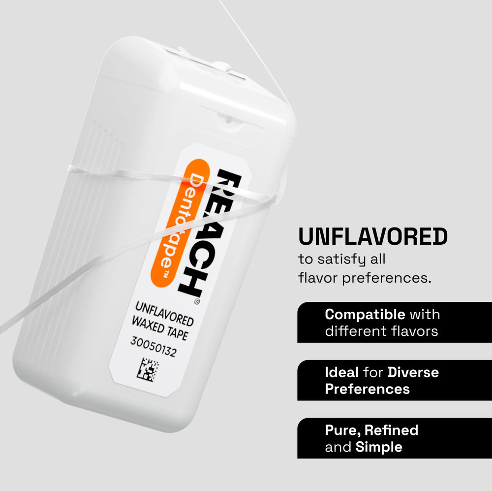 Reach dentotape uso interdental entre dientes, remueve placa visible