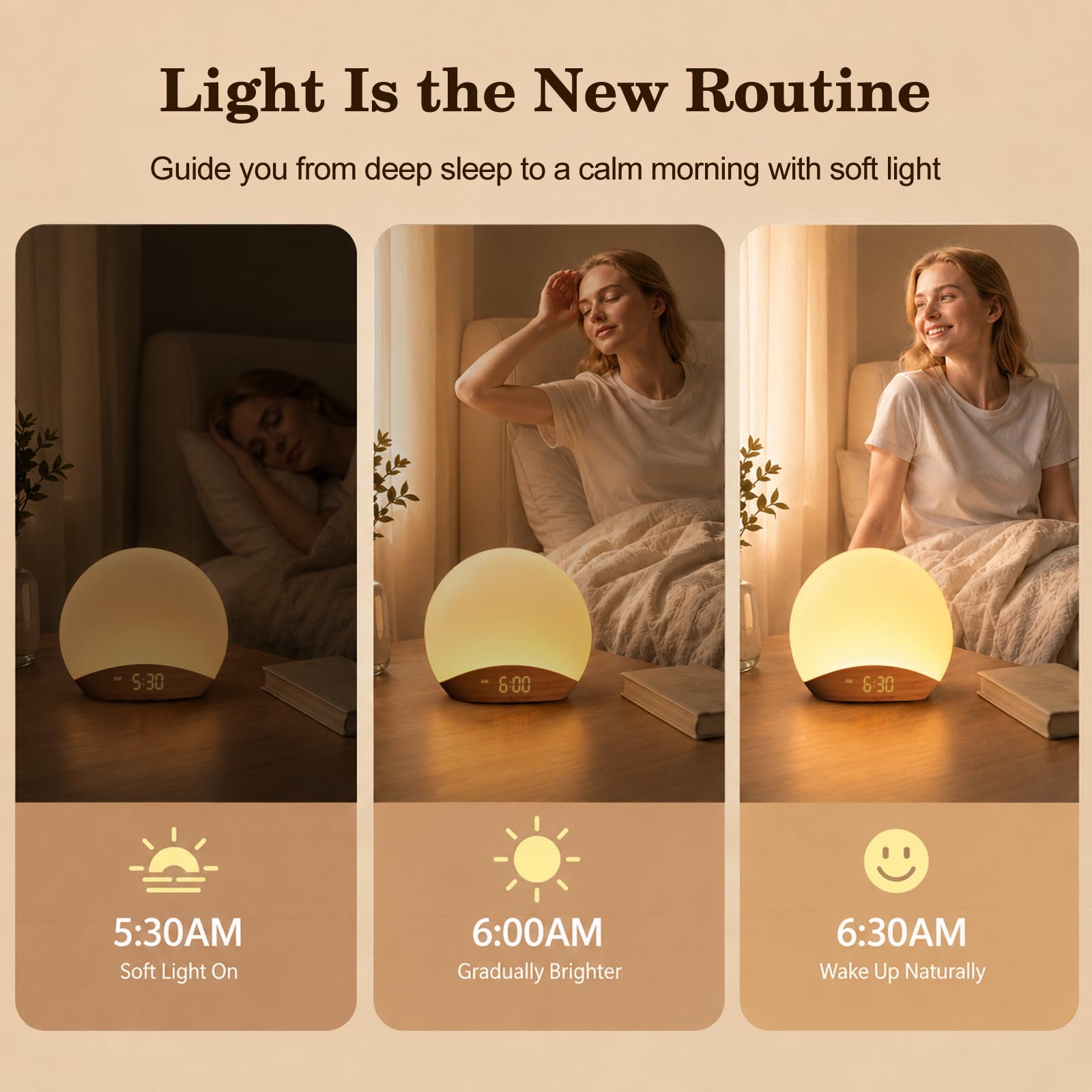 REACHER pantalla iluminada mostrando brillo regulable para despertar suave