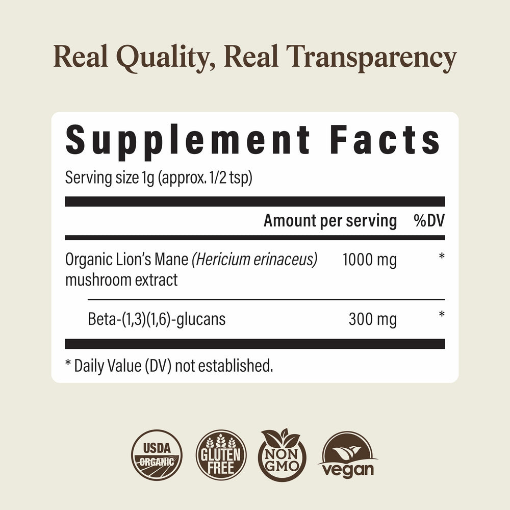 Real Mushrooms ingredientes orgánicos y cuerpo fructífero en detalle