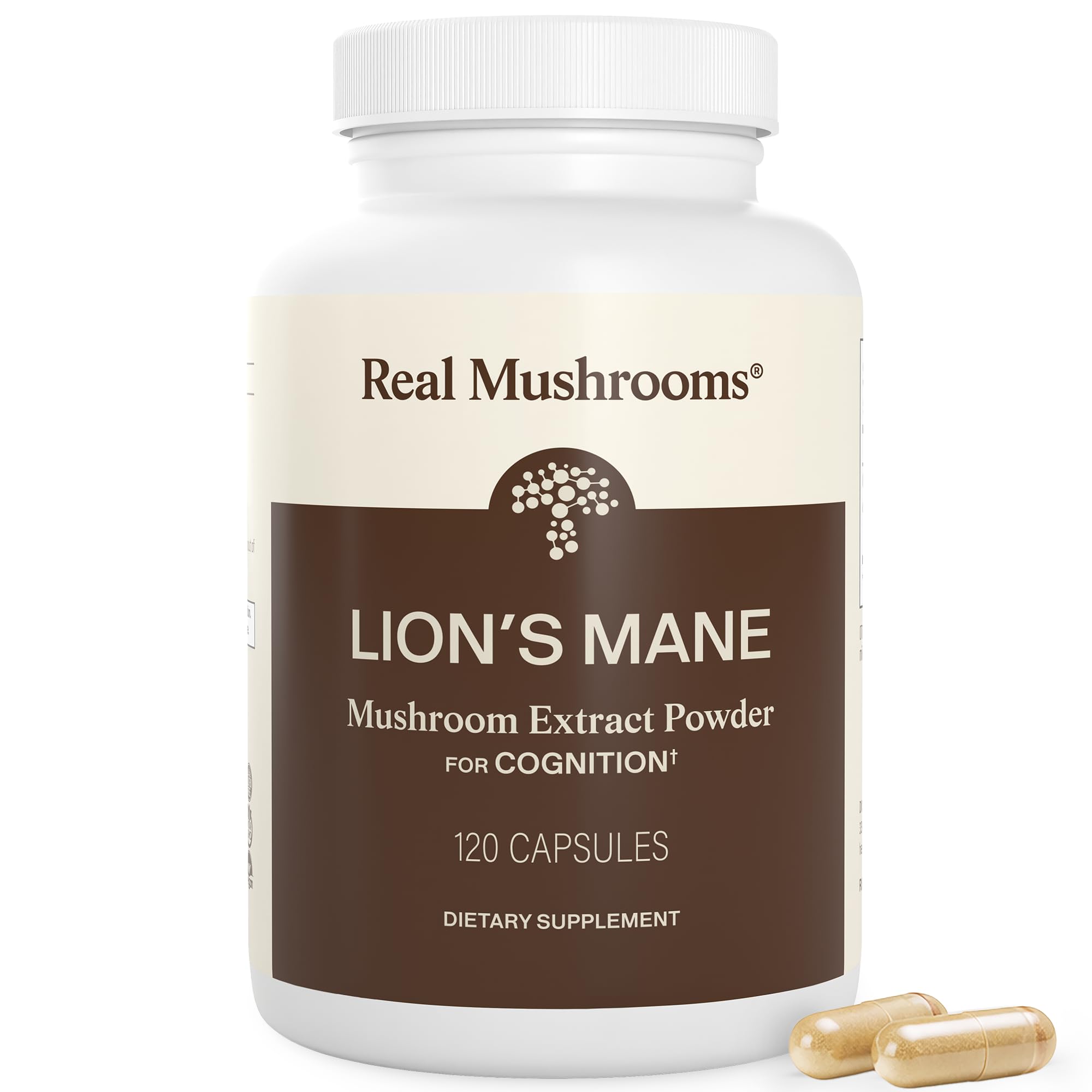Real Mushrooms frasco frontal mostrando cápsulas y beneficio claridad mental