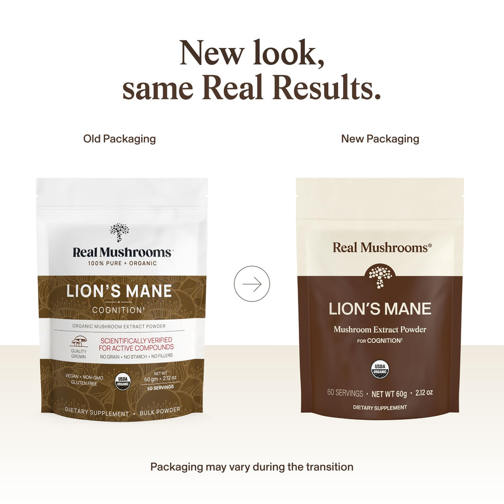 Real Mushrooms primer plano del polvo fino mostrando su pureza