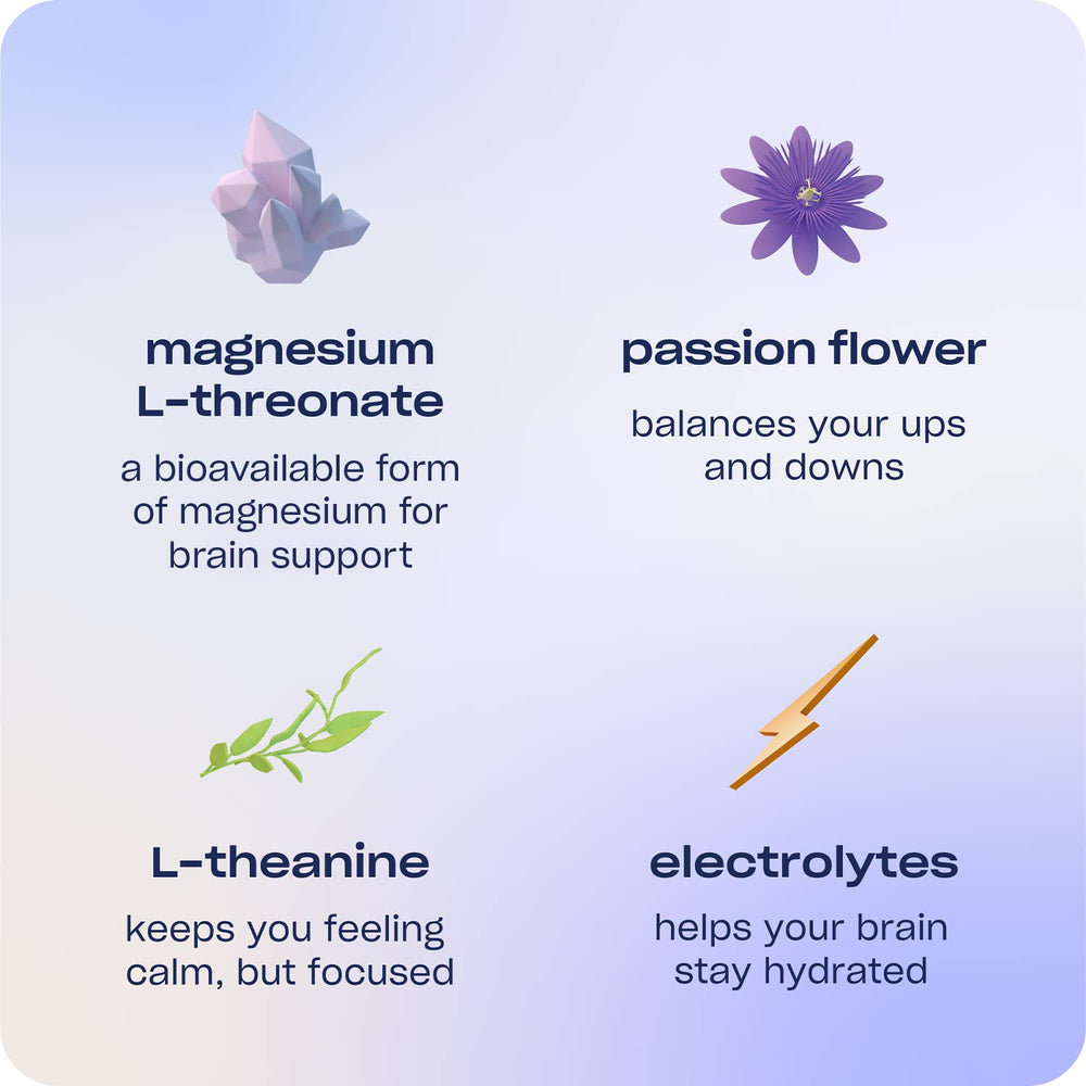 Recess etiqueta en primer plano destacando ingredientes como magnesio L‑threonate y adaptógenos