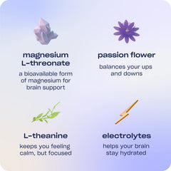 Recess etiqueta en primer plano destacando ingredientes como magnesio L‑threonate y adaptógenos