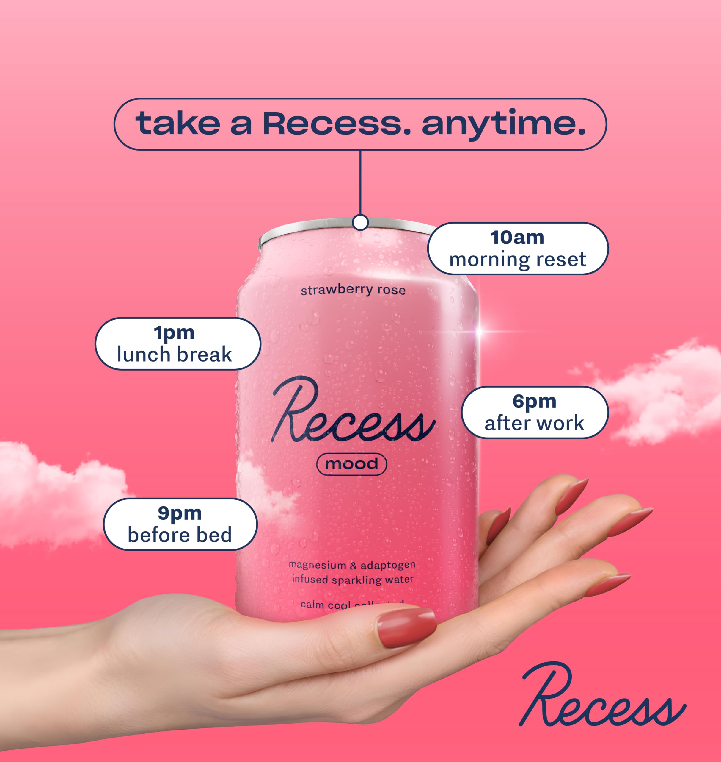 Recess lata abierta servida en vaso, muestra uso y sensación relajante