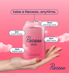 Recess lata abierta servida en vaso, muestra uso y sensación relajante