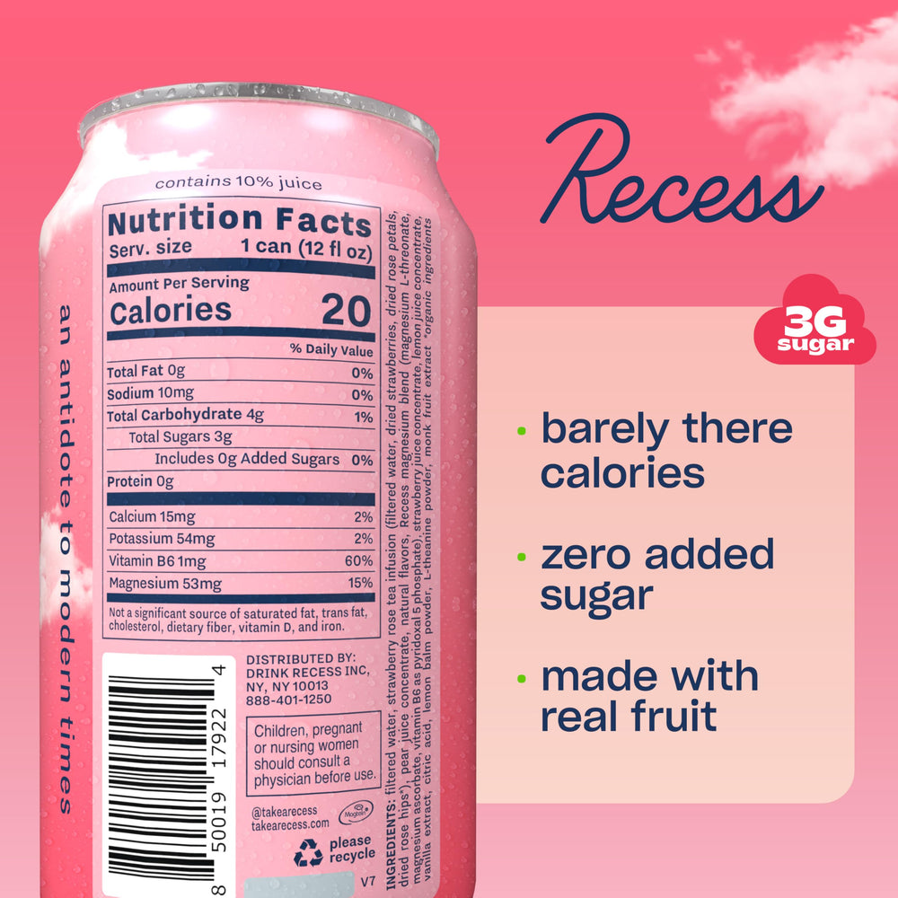 Recess lata detalle de etiqueta mostrando ingredientes naturales y beneficios