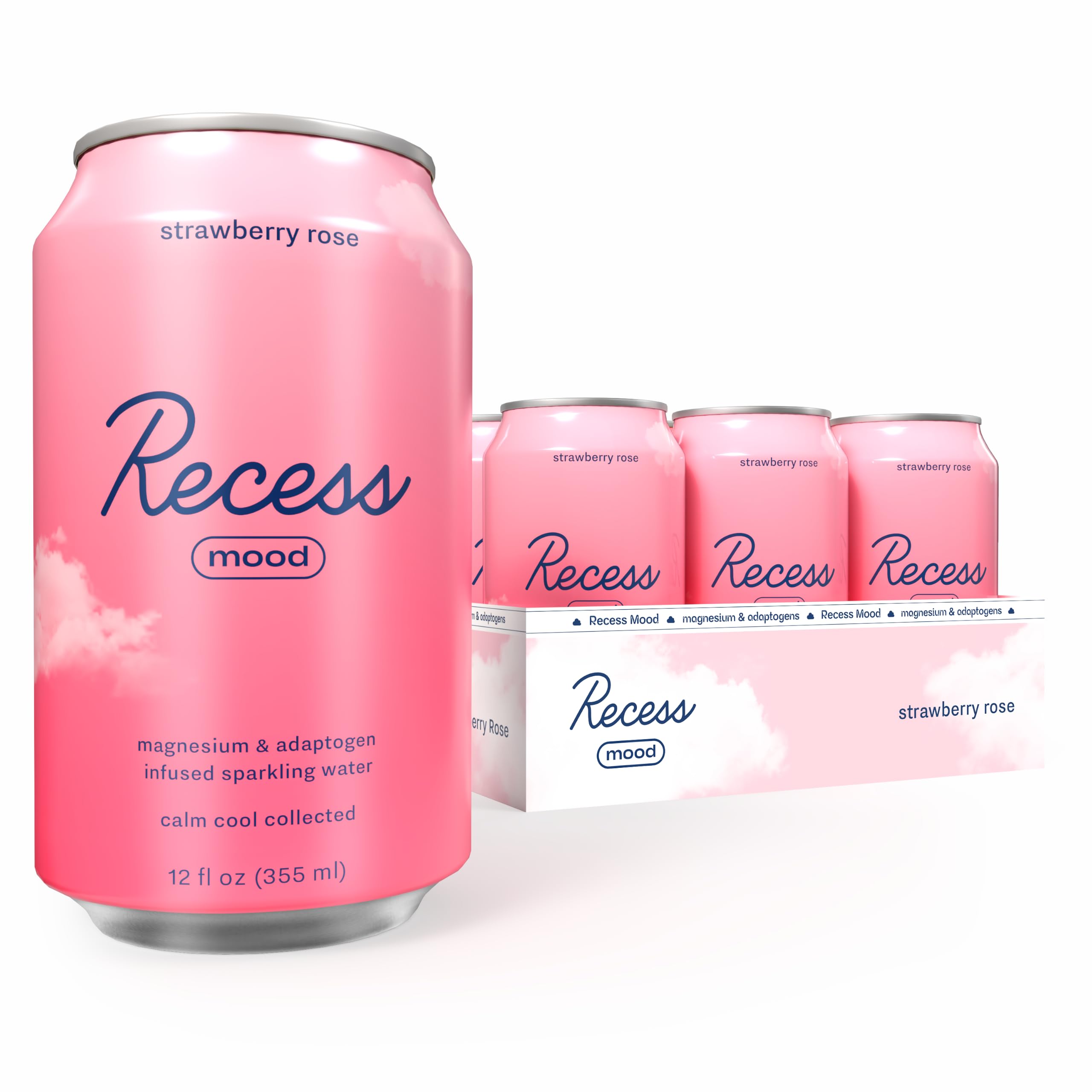 Recess lata pack de 12 fresa rosa frontal, presentación clara y elegante