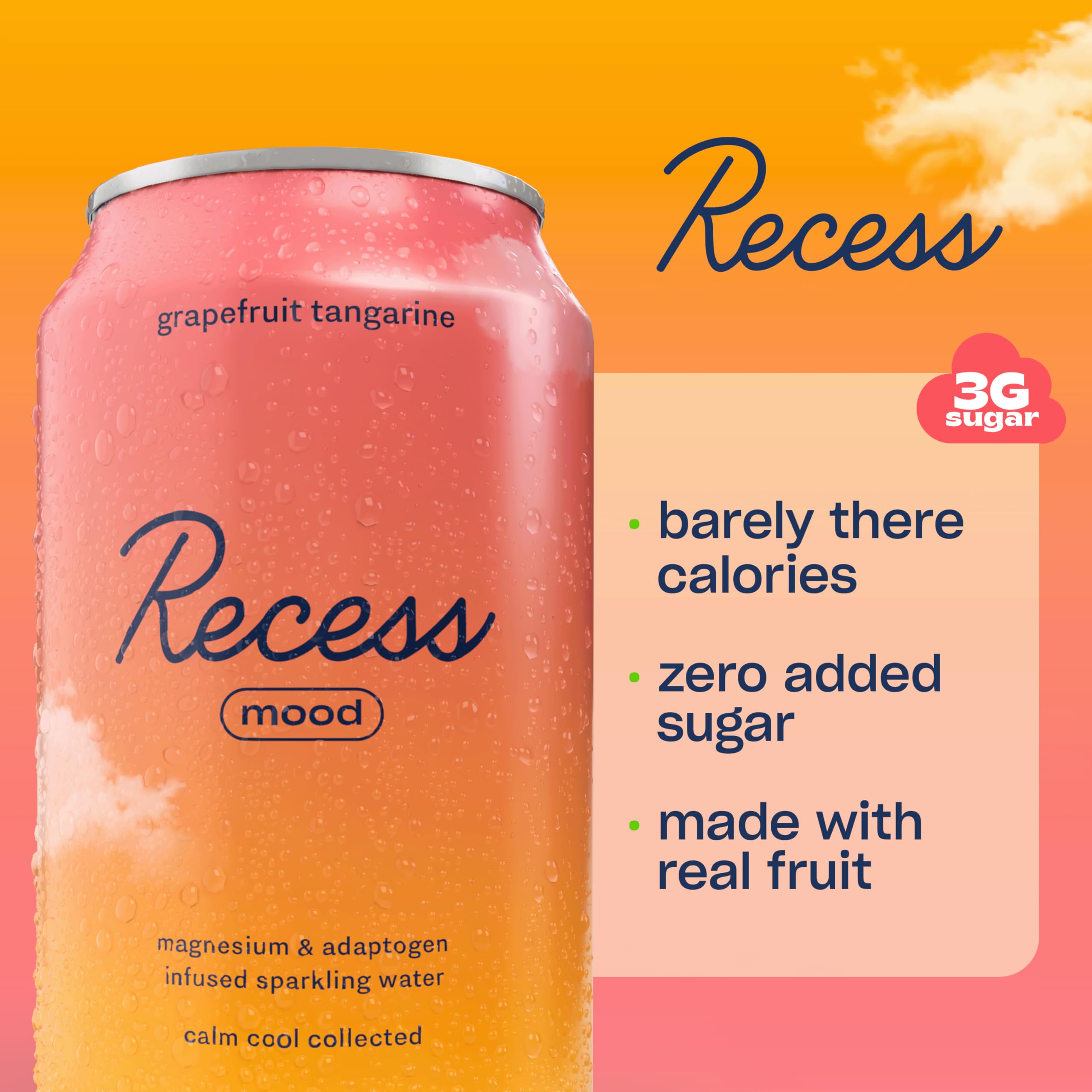 Recess lata primer plano mostrando etiqueta clara y beneficio de ingredientes