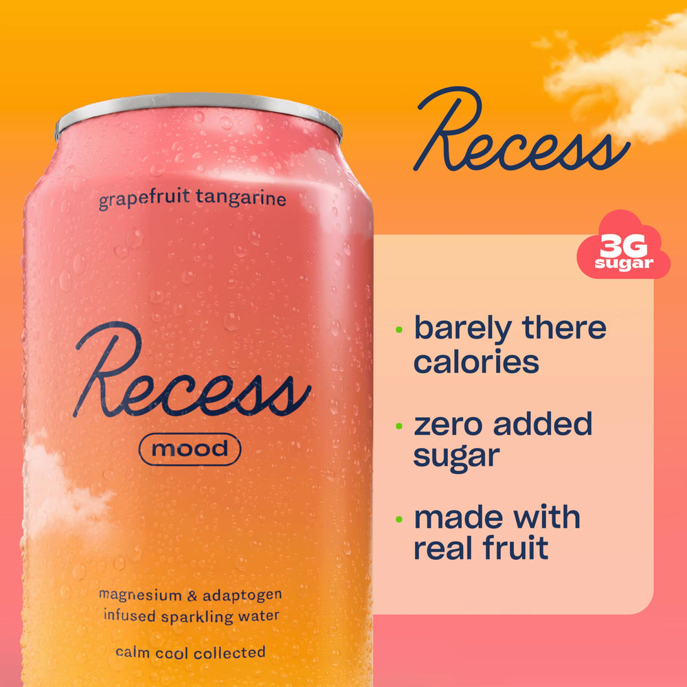 Recess lata primer plano mostrando etiqueta clara y beneficio de ingredientes