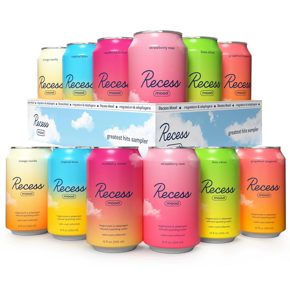 Recess pack frontal mostrando las 12 latas y beneficios de variedad