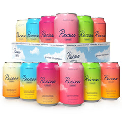 Recess pack frontal mostrando las 12 latas y beneficios de variedad