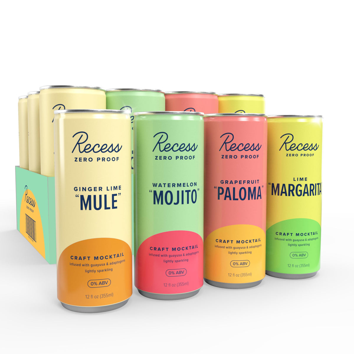 Recess paquete frontal mostrando las 12 latas y variedad de sabores, ideal para compartir