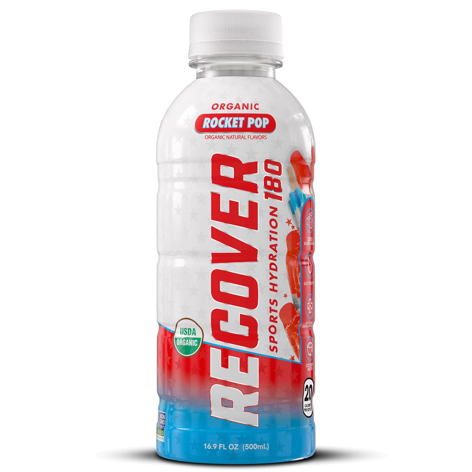 RECOV3R 180 botella junto a mano para comparar tamaño real