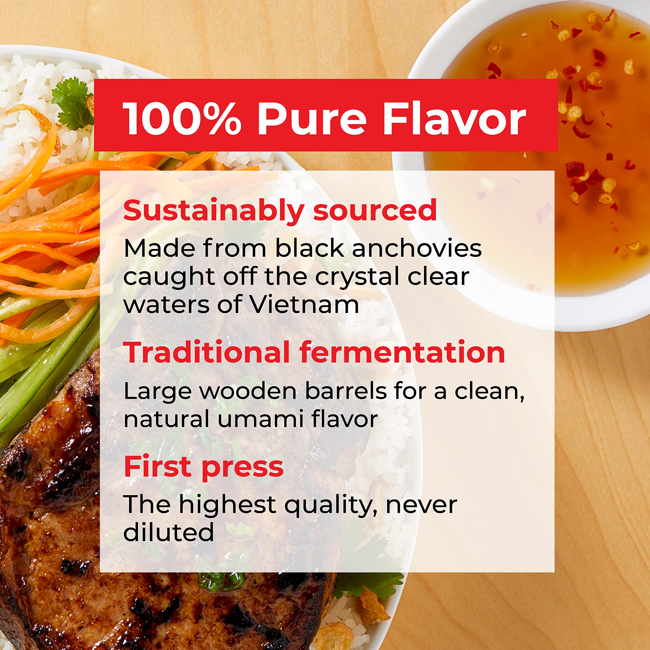 Red Boat etiqueta en primer plano que destaca ingredientes simples y naturales