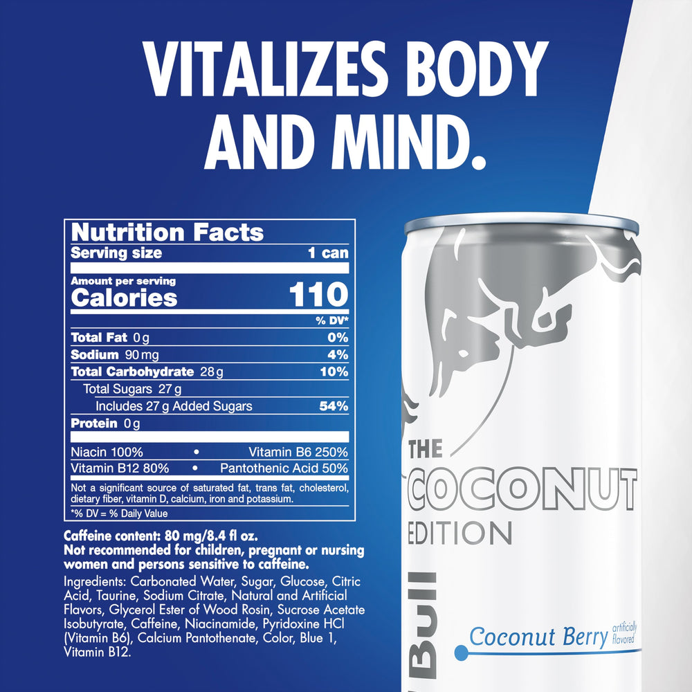 Detalle de etiqueta Red Bull Coconut Berry resaltando ingredientes clave